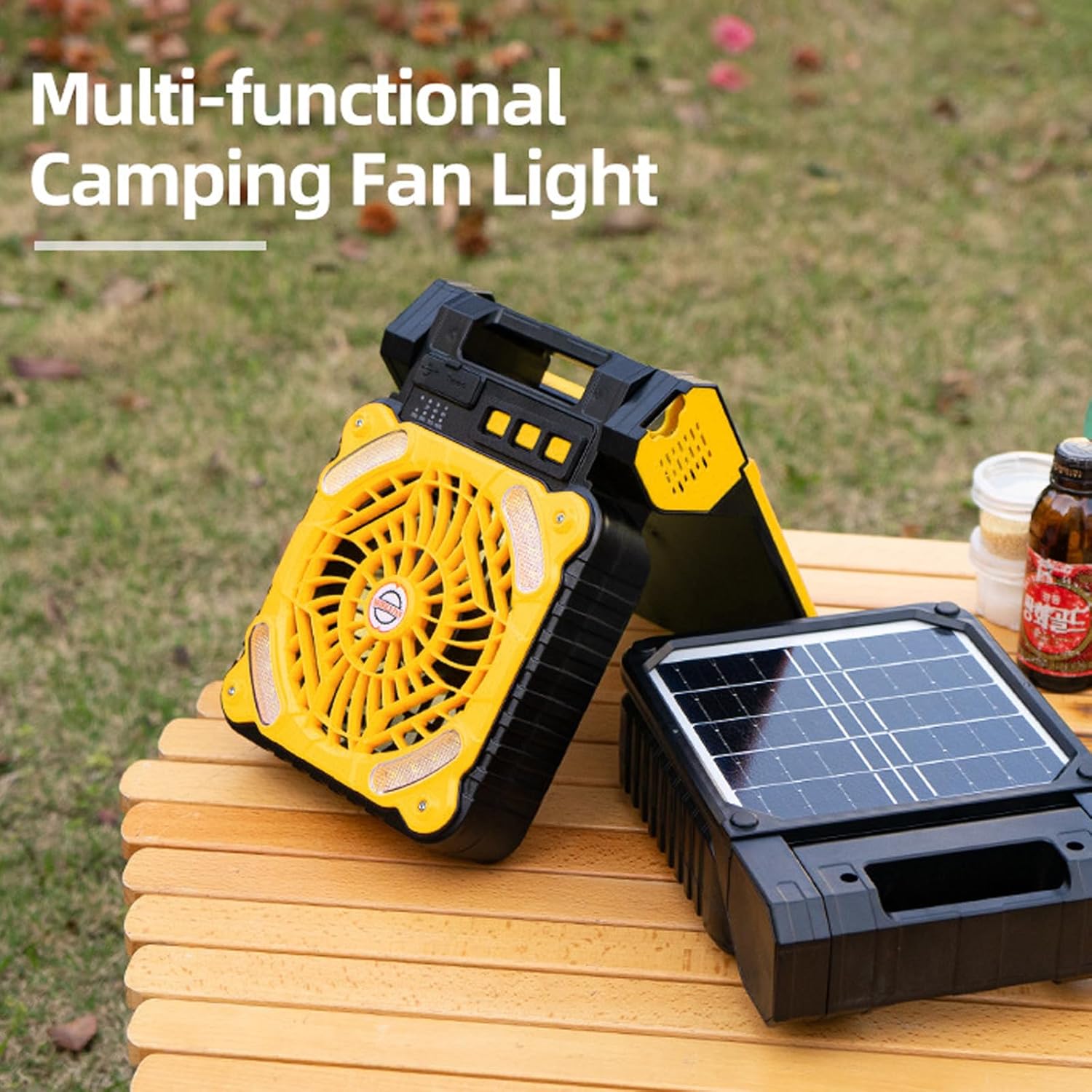 Solar Camping Fan 5200mAh Power with LED Light Rechargeable Battery Operated for Outside 4 Speed 2-8H Timer Power Camping