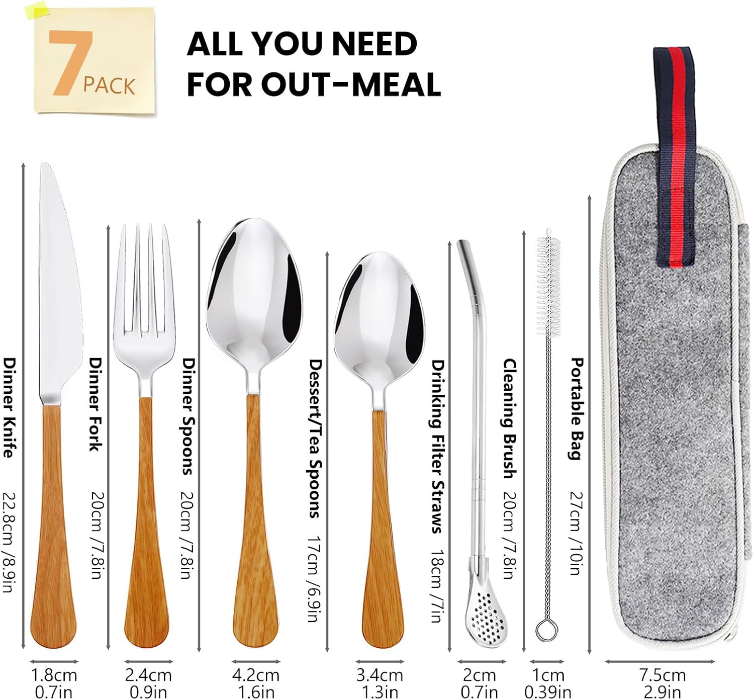 Daily Treasures 6Pcs Stainless Steel Portable Cutlery Set,Wooden Handle Camping Utensils with Storage Bag,Reusable Knife Fork Spoon Set Travel&Filter Spoon Straw,Portable Utensil for Ofiice Home