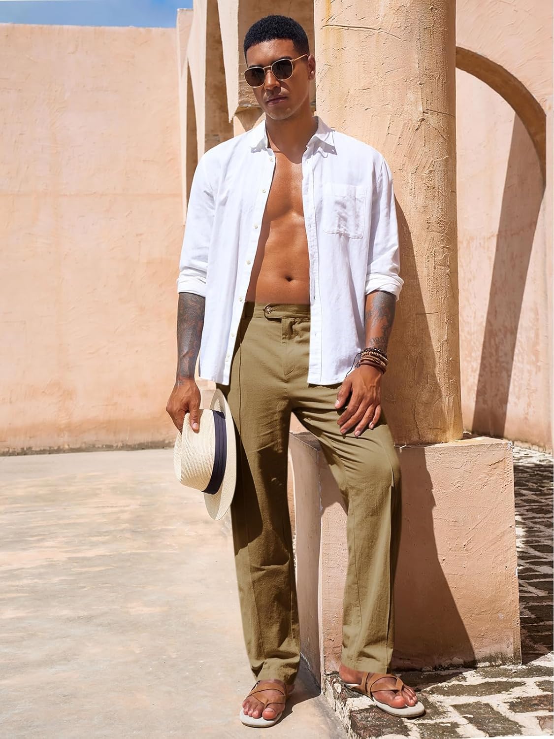 Runcati Mens Casual Pants Elastic Waist Cotton Linen Pants Pleated Loose Fit Lightweight Beach Yoga Trousers - Image 4