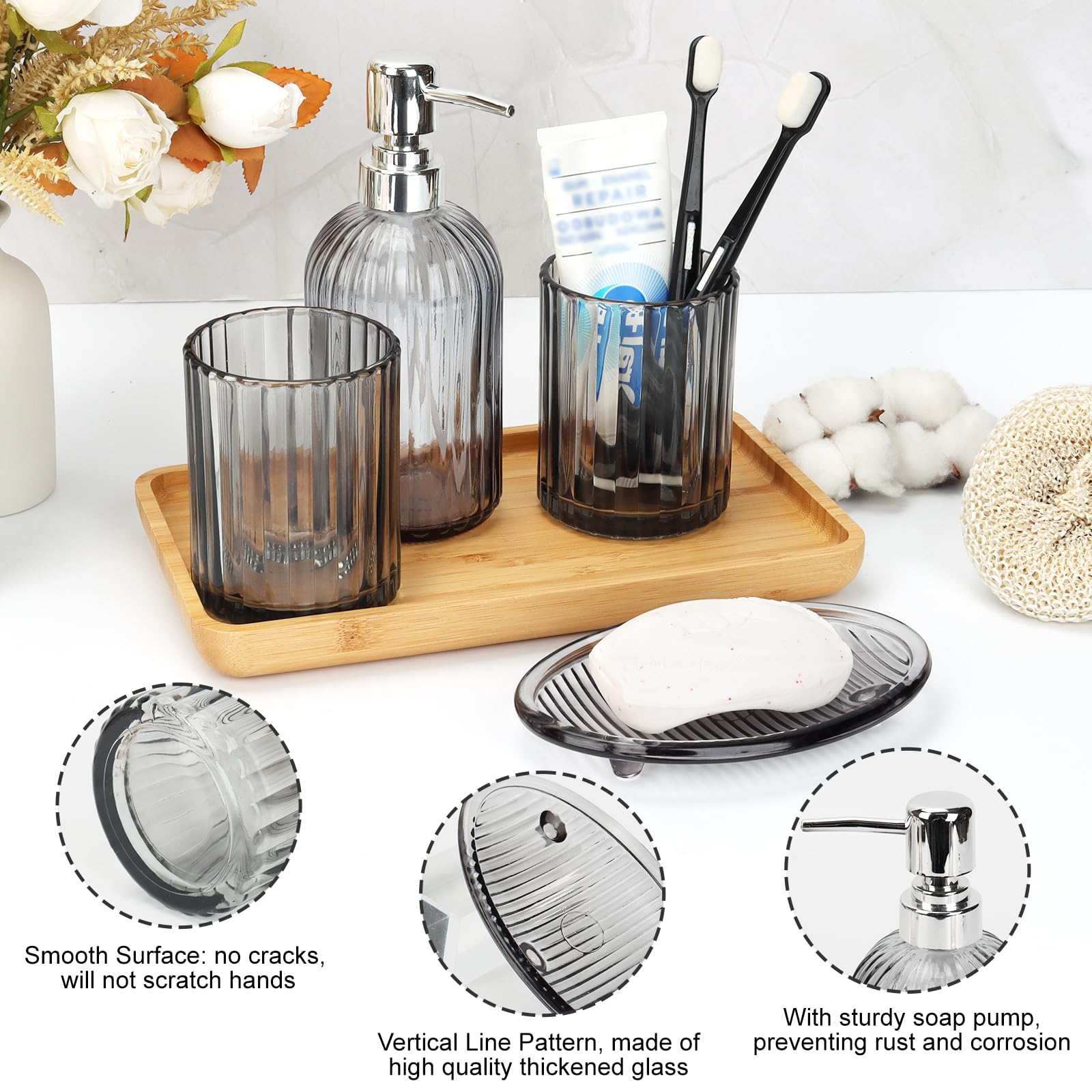 Ensemble d'accessoires de salle de bain en verre transparent 4 pièces comprenant un distributeur de savon, un porte-brosse à dents, un gobelet pour bain de bouche, un porte-savon pour décoration de