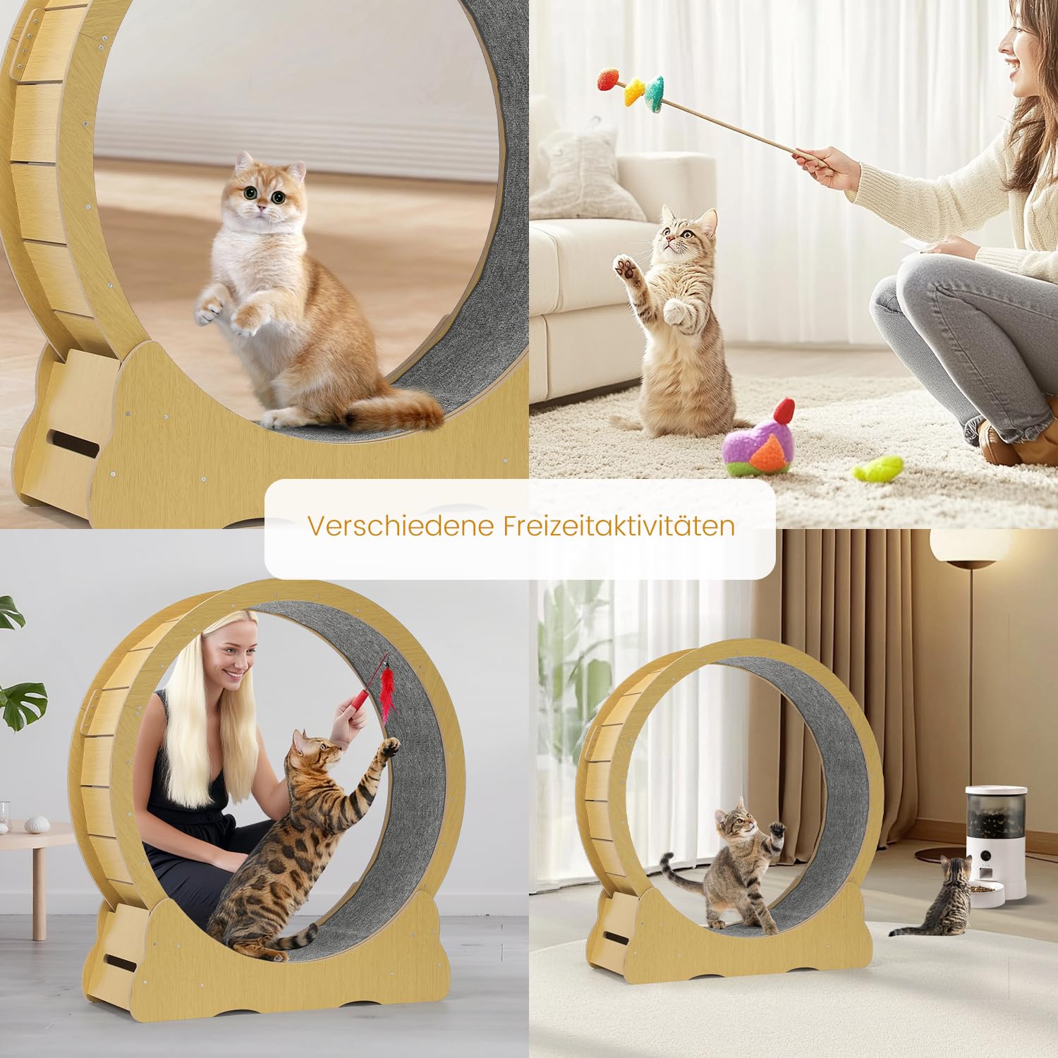 100cm Katzenlaufrad Indoor, großes Katzenrad aus Holz mit Teaser, leises Laufrad für Katzen 2-22kg, Katzen Treadmill mit Sicherheitsschloss & Rutschfester Lauffläche, für Wohnung und Haus, Gelb