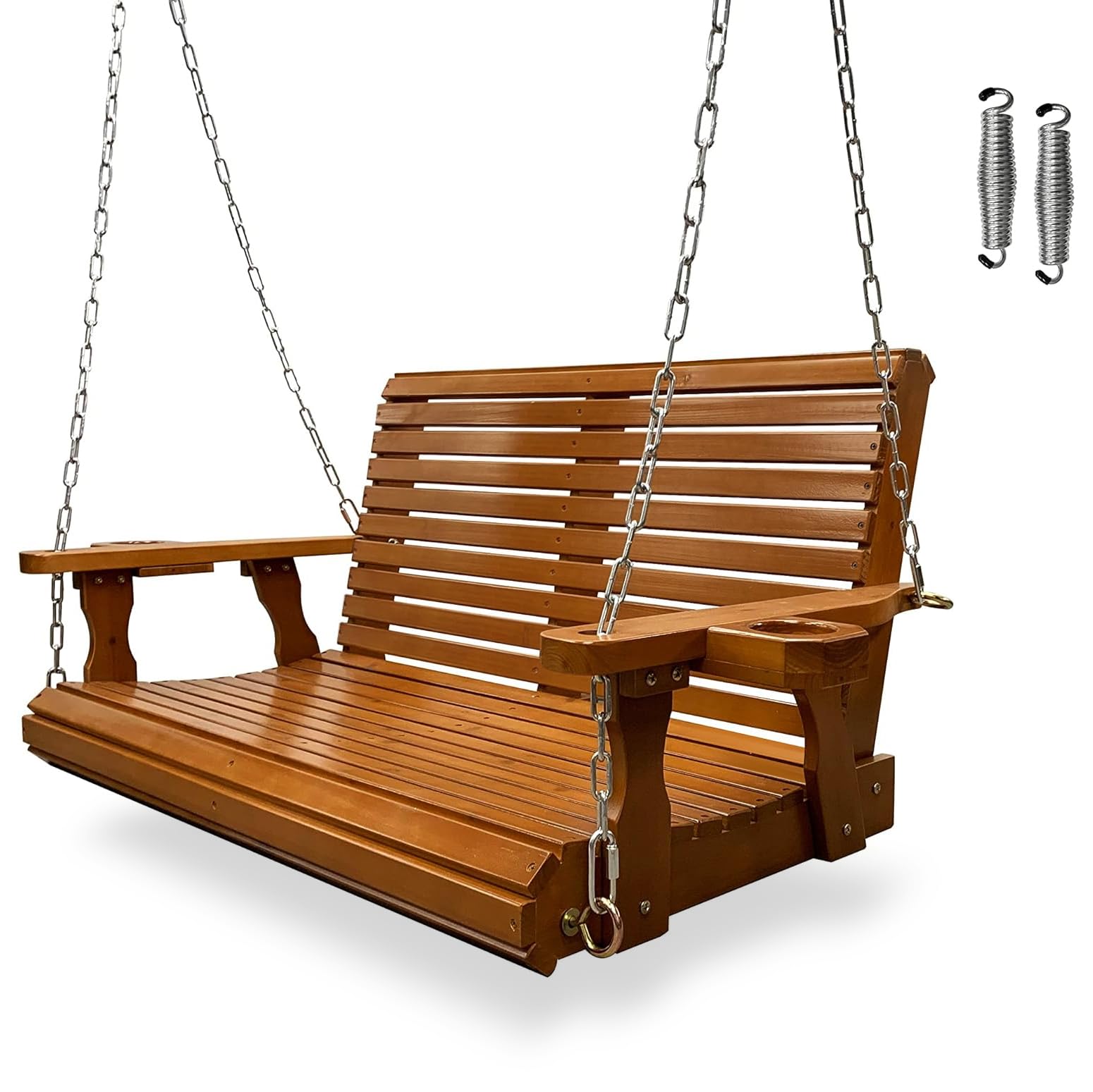 Wooden Porch Swing 2-Seater, Bench Swing with Cupholders, Hanging Chains and 7mm Springs, Heavy Duty 800 LBS, for Outdoor Patio Garden Yard (Teak Tone - 4 ft.)