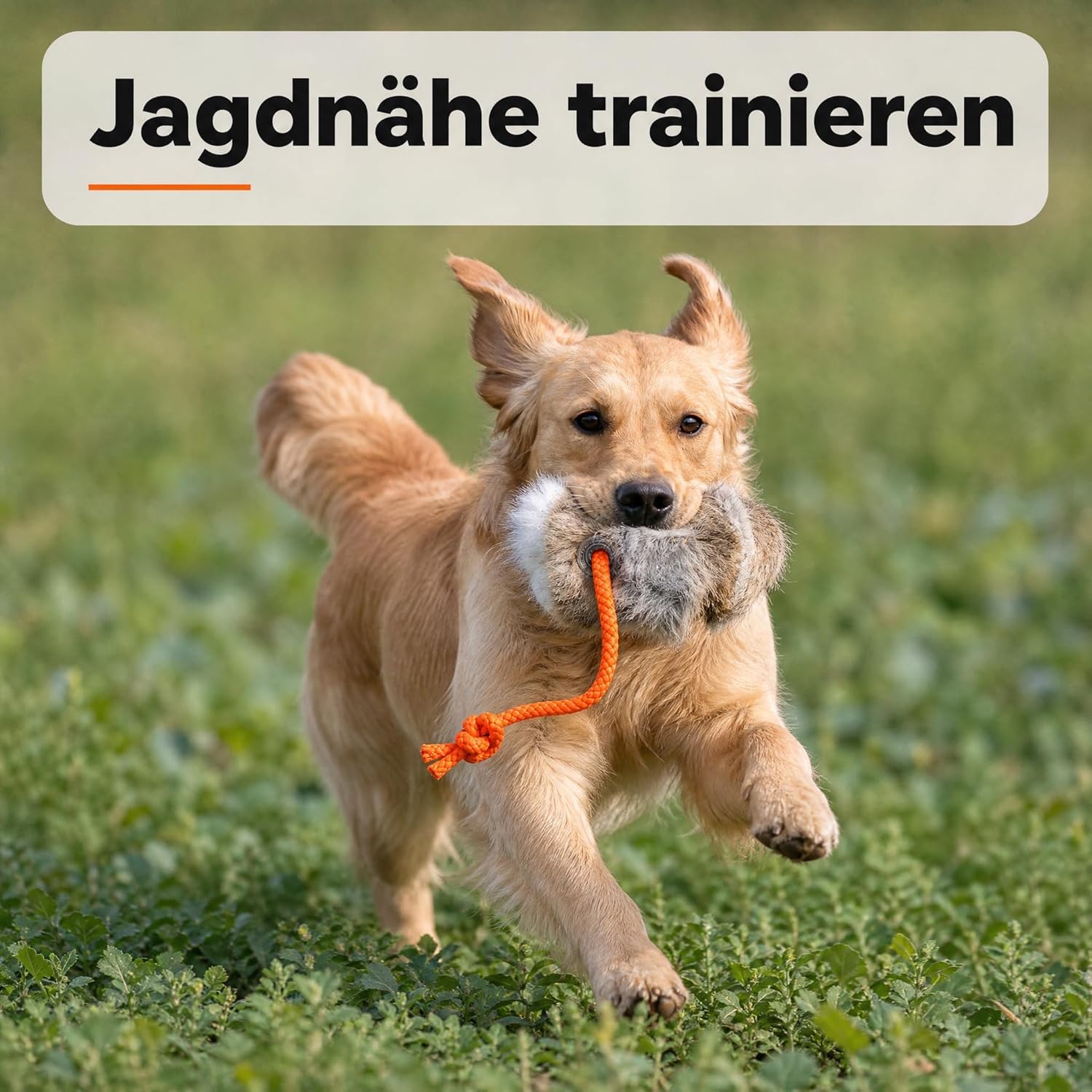 Romneys Dummy Hundetraining, Dummyball aus echtem Kaninchenfell mit neonoranger Wurfschnur, Apportierdummy Wurfball für Hunde mit Seil, Ø 8 cm, 150 g, robuste Metallöse, Outdoor