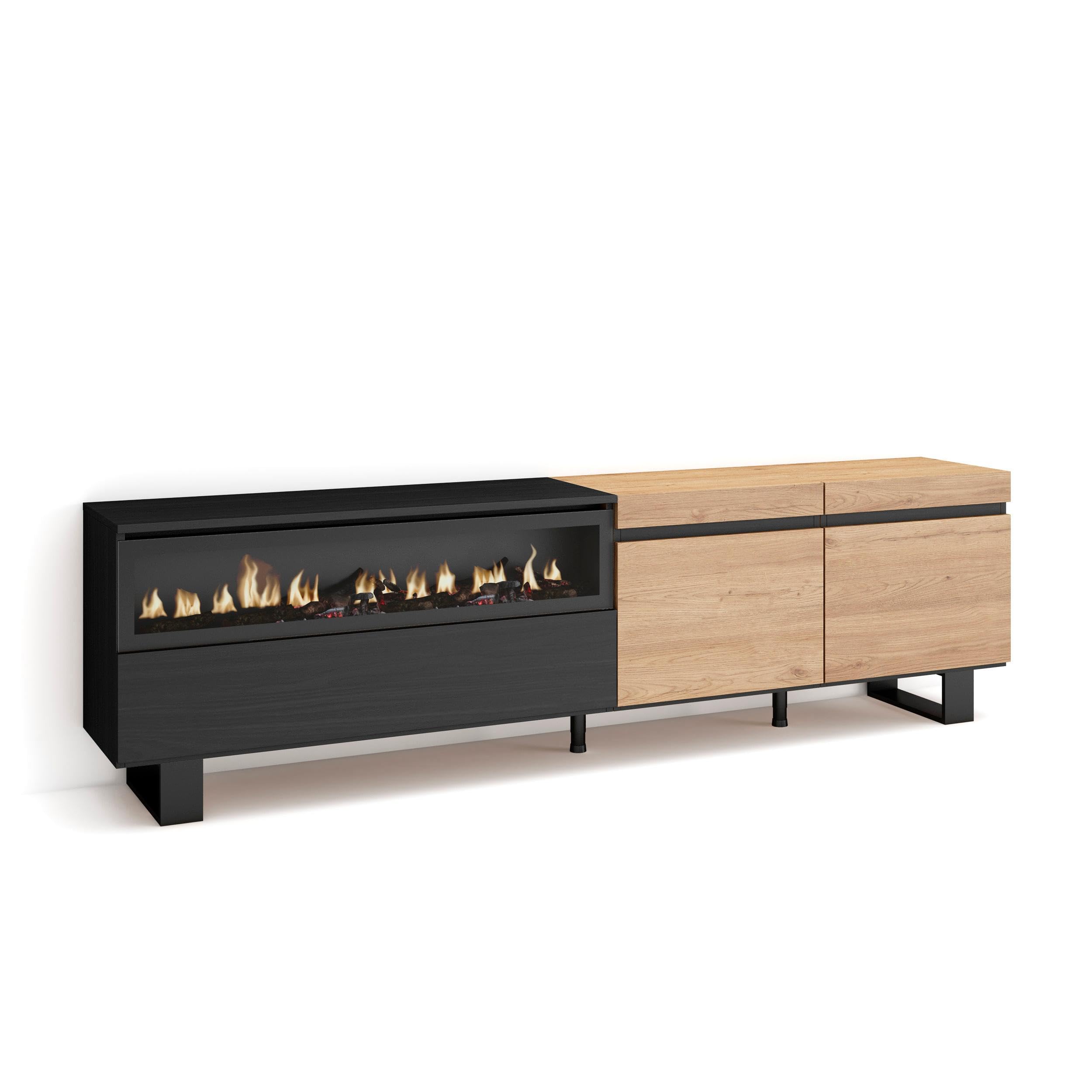 TV-Meubel, Lowboard, Woonkamer, Eetkamer, 200x35x57cm, Voor tv's tot 80, Elektrische haard, Industrieel design, Moderne stijl, Zwart _ 48_6