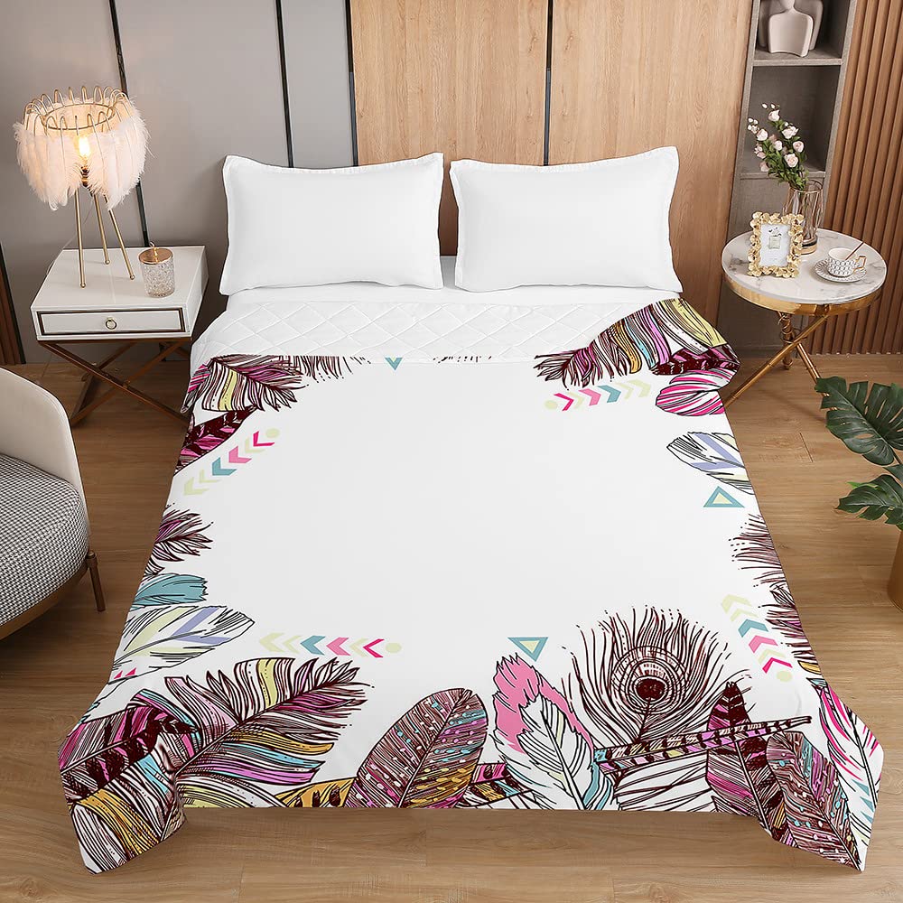 Surwin Copriletto Trapuntato Stampa di Piuma Boho Esotica per Primavera e Estate Copriletto Singolo Matrimoniale Trapunta in Microfibra Leggero Lavabile in Lavatrice (230x260cm,Rosa)
