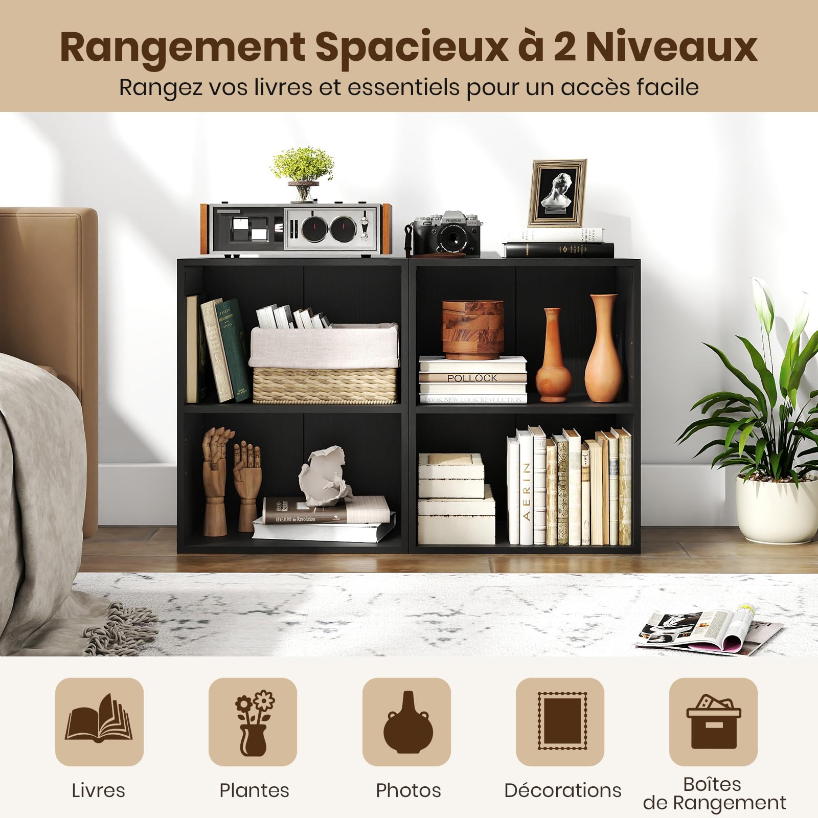 SOARS Bibliothèque à 2 Cubes Ouverts 42 X 29,5 X 53,5 CM (Noir,1) | Meuble de Rangement à 3 Niveaux, Étagère Réglable à 5 Positions, pour Livres, Plantes, Étagère, pour Salon, Chambre, Bureau