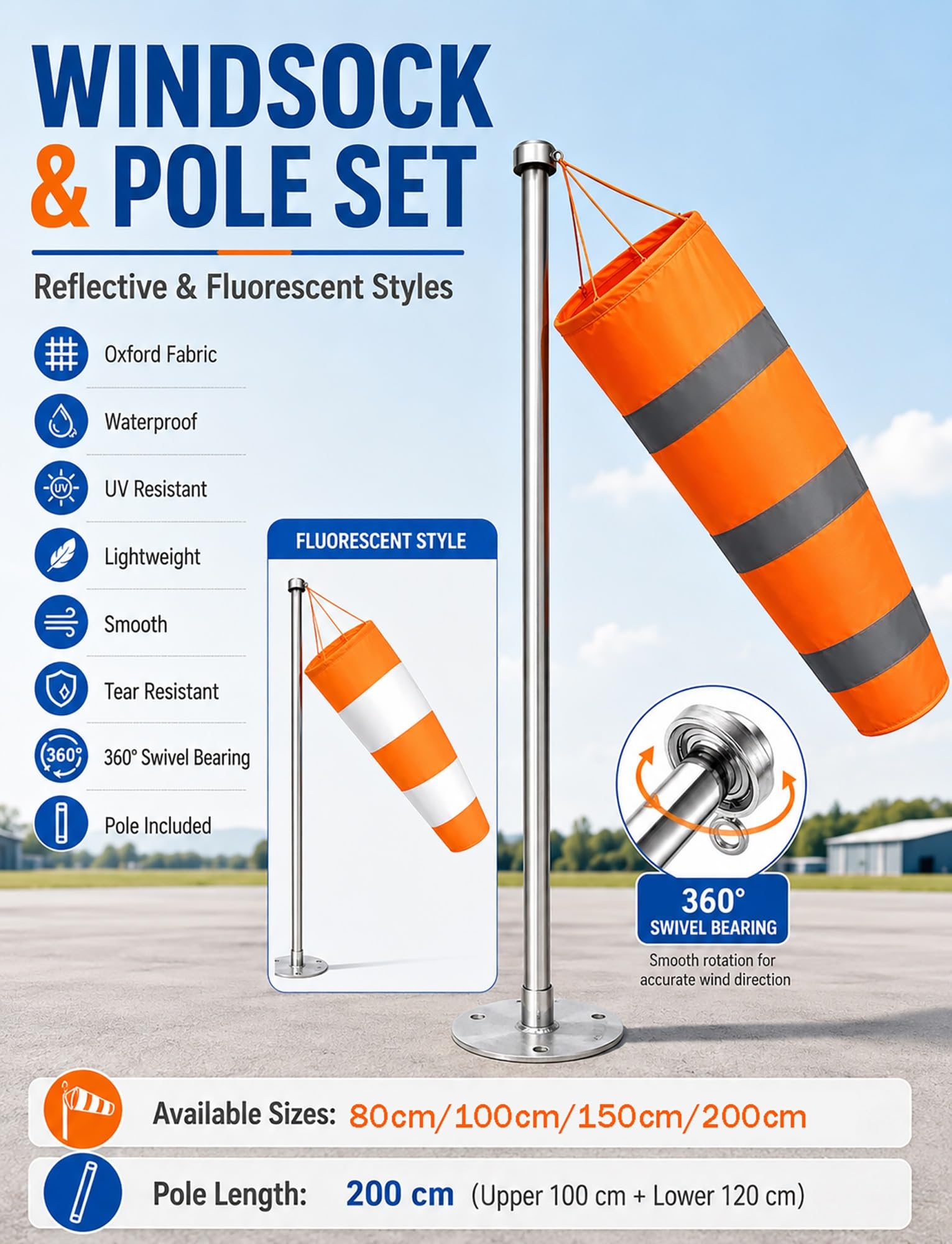 Générique Ensemble Manche à Air avec Mât de 200 cm, Indicateur de Direction du Vent Réfléchissant/Fluorescent en Tissu Oxford Imperméable, pour Aéroport, Station Météo(Reflective,200cm)