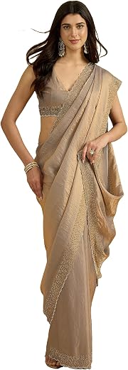AKHILAM Women's Shimmer Paper Silk Embroidered Saree With Unstitched Blouse Piece