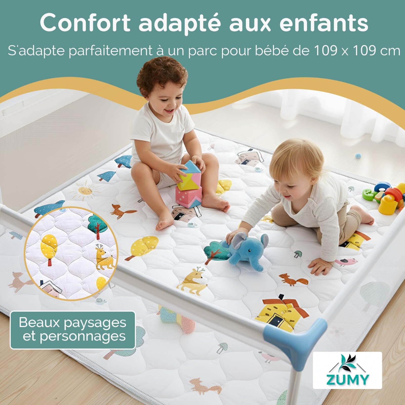 Tapis Bébé 109 × 109 cm – Tapis Éveil Bébé avec Miroir Interactif & Sac de Rangement | Matelas Ultra Doux, Très Épais, Antidérapant & Inodore – Idéal pour Tummy Time, Motricité & Éveil