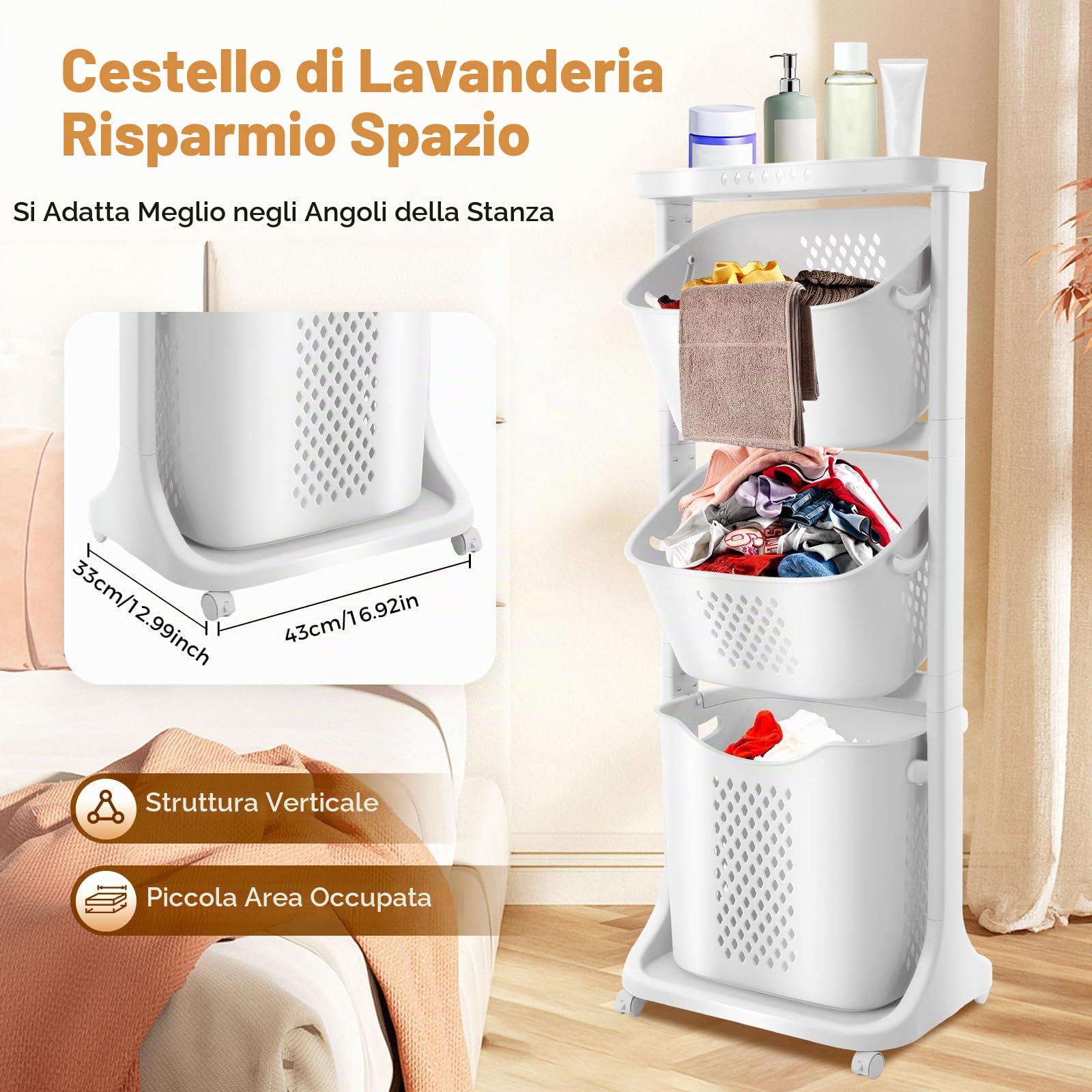 Cesto portabiancheria su rotelle, con 3 scomparti, in polipropilene, per vestiti, giocattoli, 43 x 33 x 109 cm, bianco