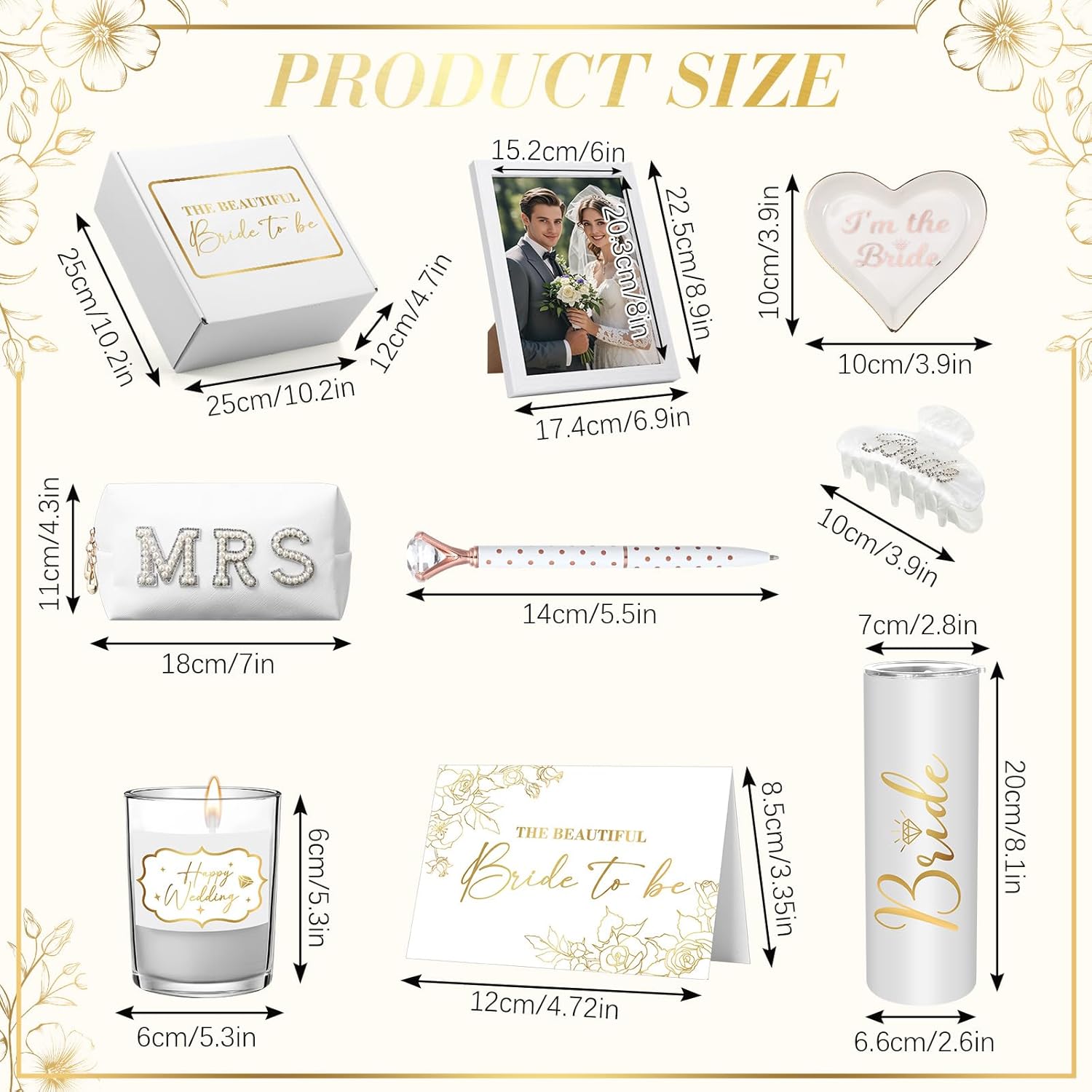 12 Pieces Bride To Be Gifts Set Bride Robe Slippers Hair Clip Cosmetic Bag Bride Gift Box Cup Photo Frame Jewelry Tray Pen Eye Mask Bride Gifts for Wedding Bachelorette Party Bridal Shower