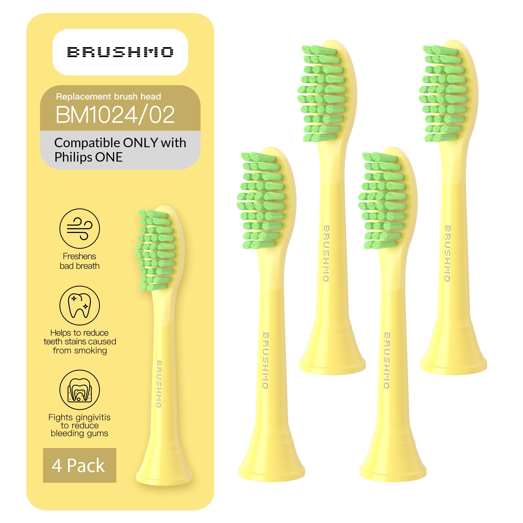 Brushmo Replacement Toothbrush Heads, Compatible with Philips One for Sonicare Electric Toothbrush Handles HY1022, 4 Standard Heads with Tongue Cleaner, Soft Dupont Bristles, BM124m, Mango
