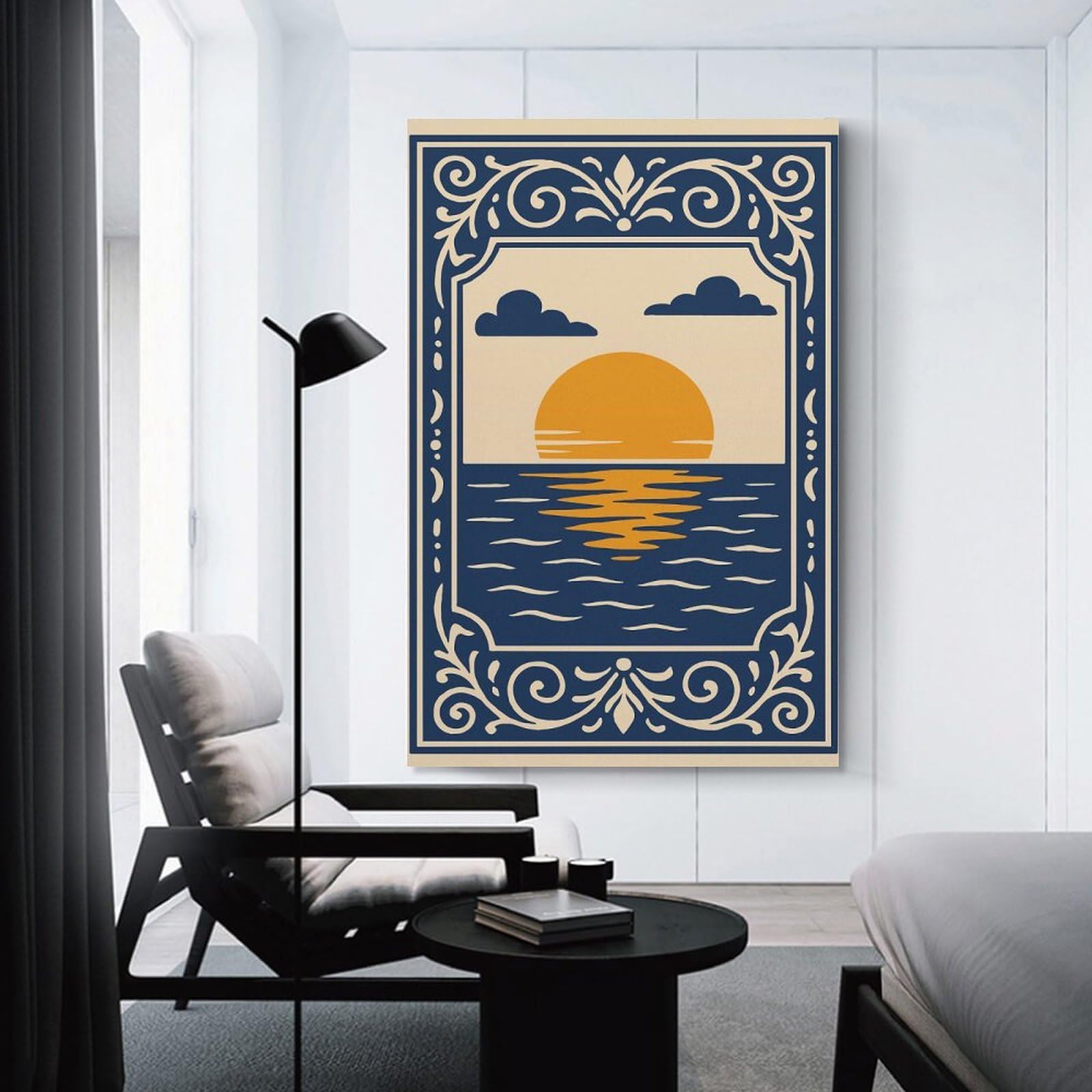 Junmoney Sunset over The Ocean Illustration Canvas Wall Picture 20x30inch(50x75cm), for Picture Wall Styling in Lounge Or Bedroom, Decorative Artwork with Flexible Styling