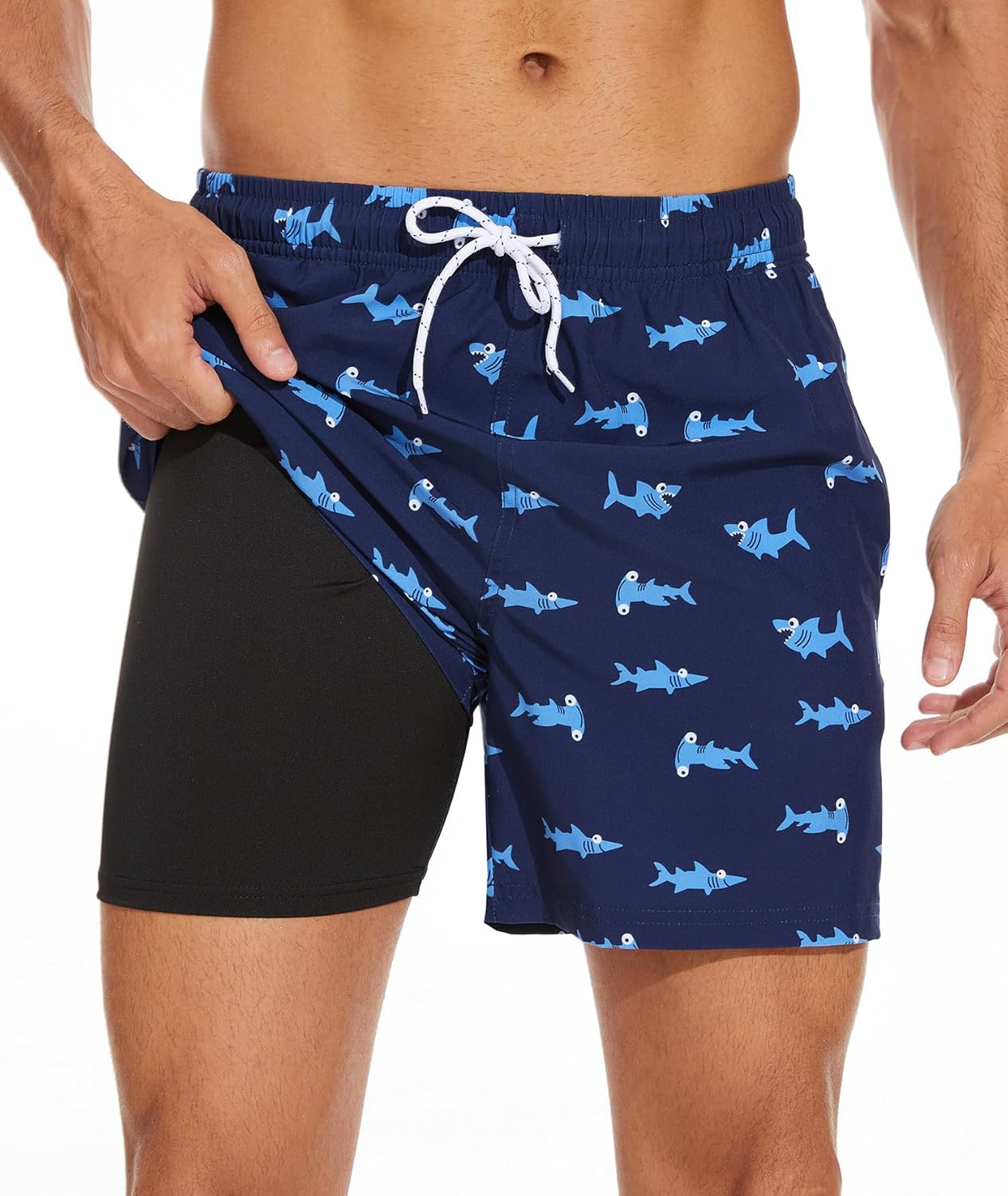 Aueyan Mens Swim Trunks 5.5 inch with Compression Liner Zipper Pockets,Quick Dry Swimsuit Trunks Funny Beach Board Shorts