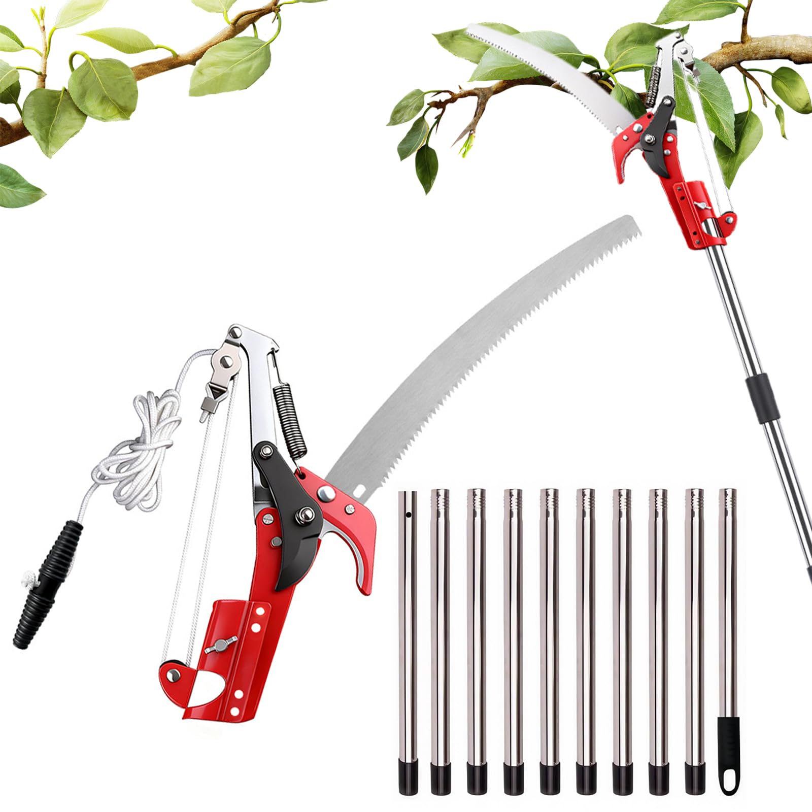 Tijeras de podar telescópicas 82 – 410 cm con sierra de podar, 2 en 1, manual con cuerda de cuerda, mango telescópico de acero inoxidable, tijeras de podar y sierra de jardín para ramas altas, árboles