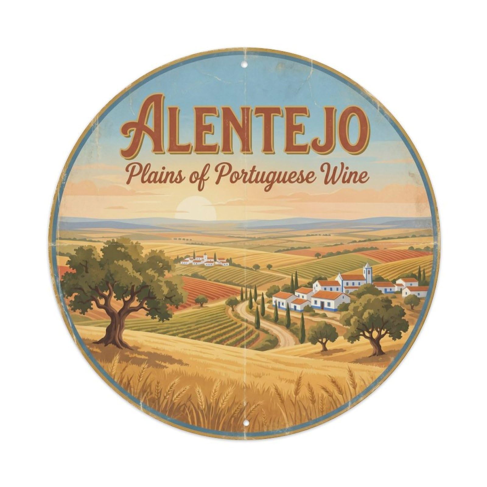 Vintage Travel Alentejo Vineyards Portugal Metal Tin Sign Plaque Wall Decor for Cafe, Club Bar, Office, Home Garden Round Metal Poster 8x8Inch