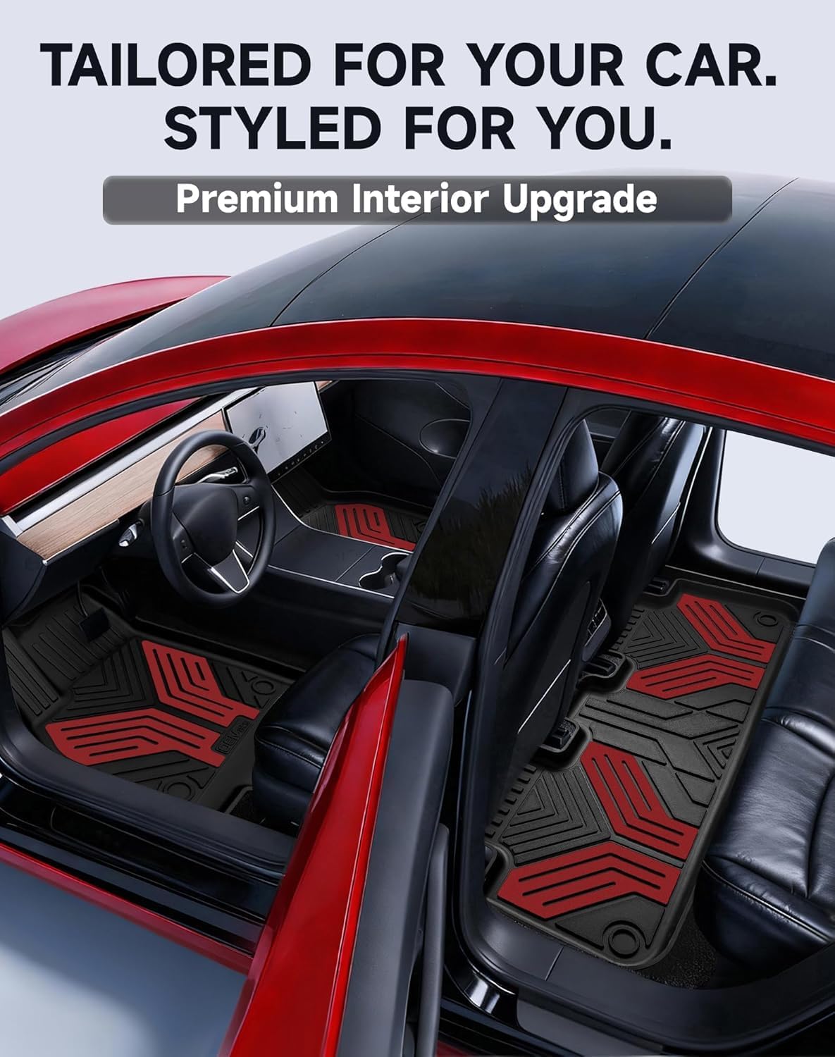Premium Color TPE Floor Mats 3-PCS Custom Fit for Tesla Model Y Juniper Accessories 2025 2026 | Racing Red Wing Design | Car Mat Full Set Front & Rear | All-Weather Protection