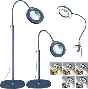 12X Magnifying Glass with Light and Stand, Optical Grade Real Glass Lens, 5 Color Modes, Stepless Dimmable, 24" Flexible Gooseneck 3-in-1 Floor Lamp, LED Lighted Magnifier Hands Free for Hobby - Blue