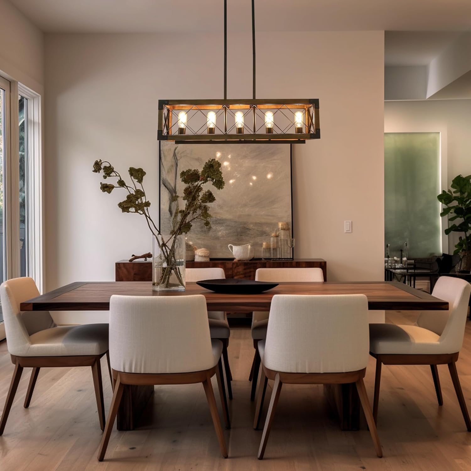 LALUZ Farmhouse Wood Chandelier for Kitchen Island, 5-Light Rectangular Dining Room Light Fixtures Hanging