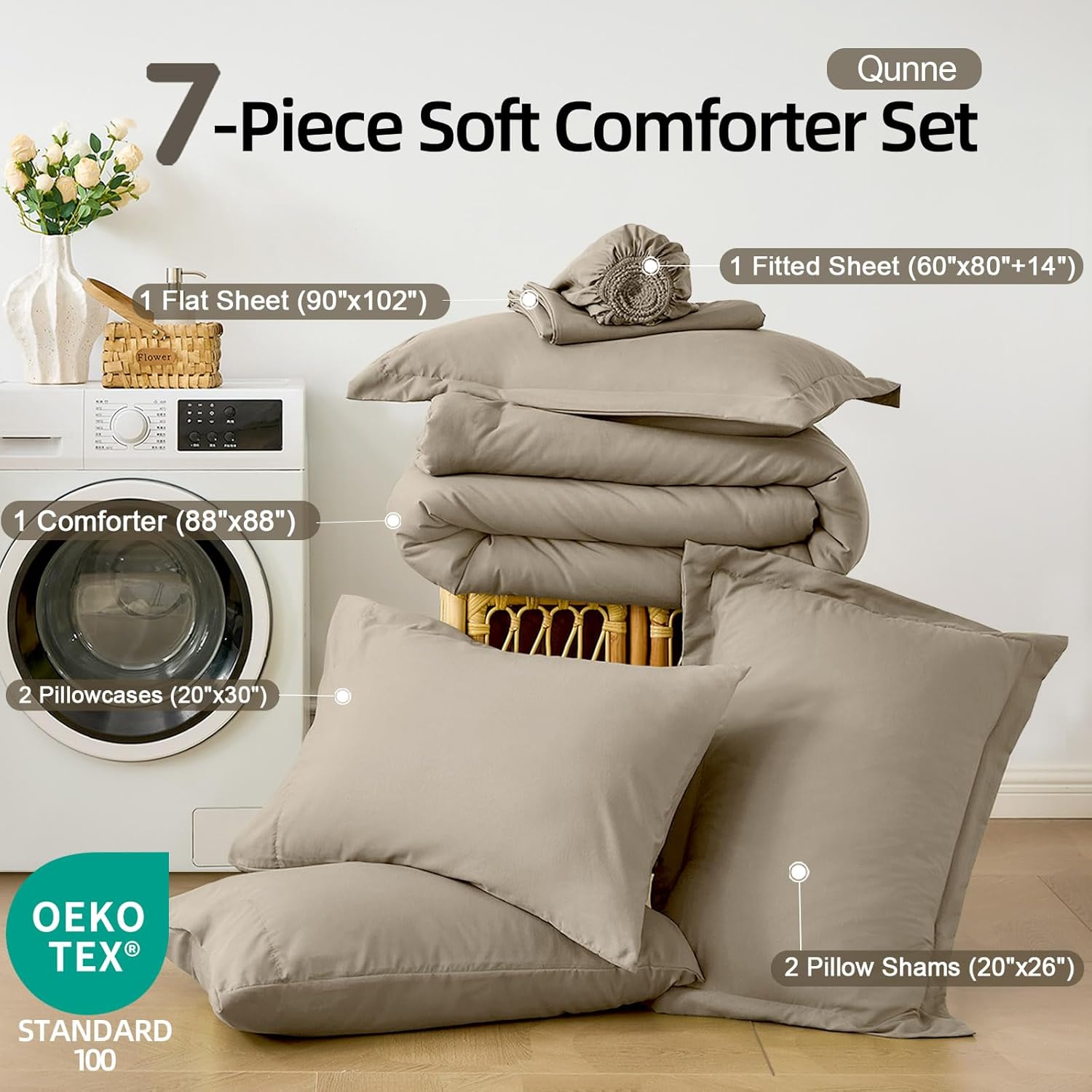 FUANNA Queen Comforter Set Oatmeal, 7 Pieces Soft Bedding Sets Queen Size, All Season Lightweight Bed in a Bag with Comforter, Flat Sheet, Fitted Sheet, Pillowcases & Shams - Image 4