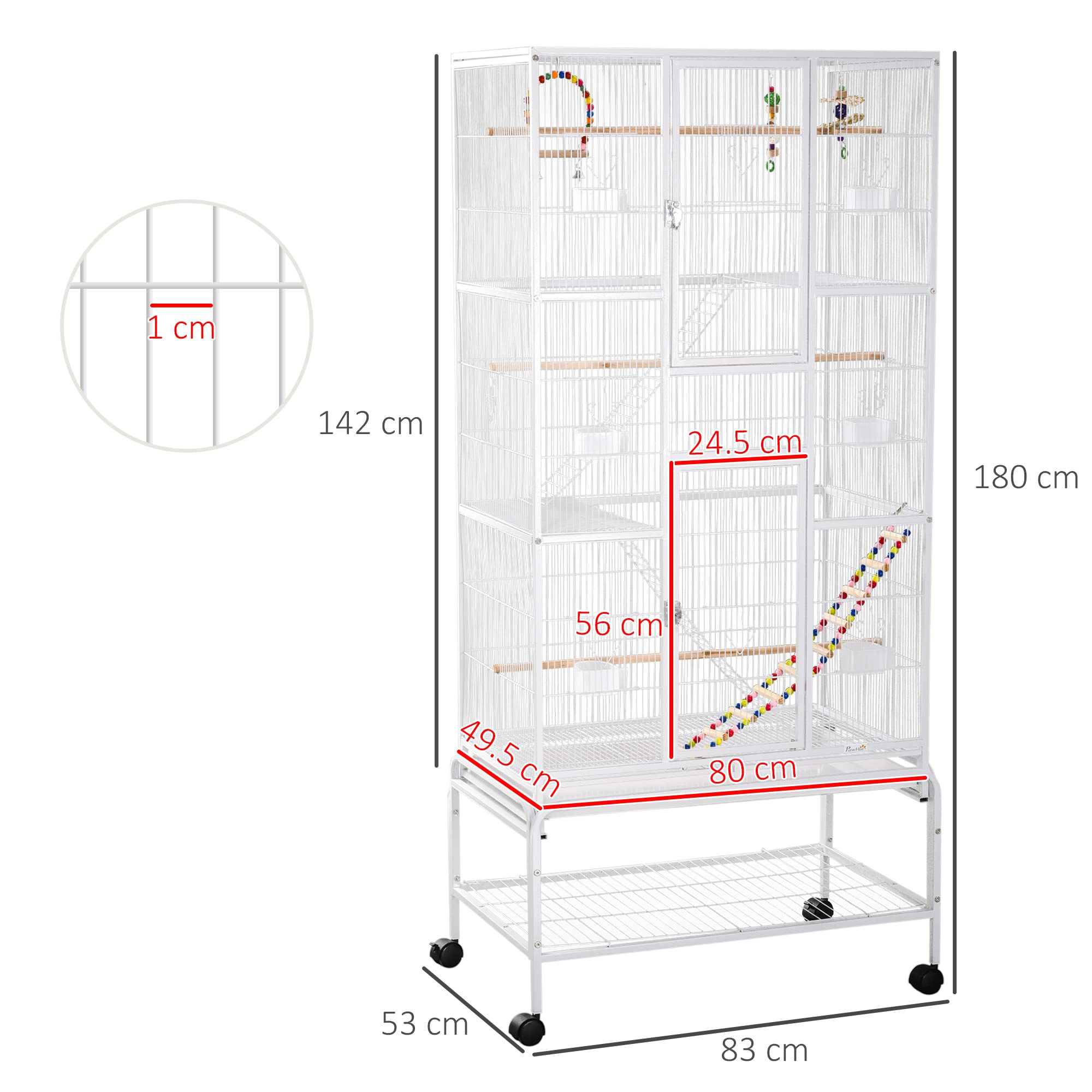 PawHut Gabbia per Uccelli in Acciaio e PP con Posatoi, Giocattoli, Contenitori per Cibo e Vassoio Removibile, 83x53x180 cm, Bianco