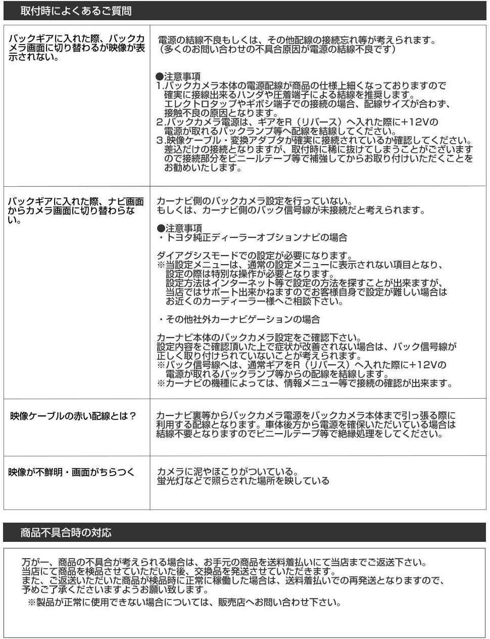 Image showing common troubleshooting questions and solutions for the backup camera.