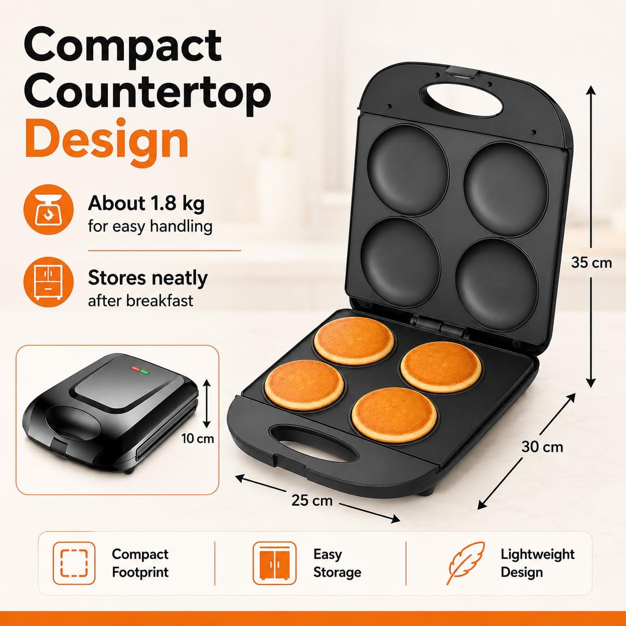 1400W Electric Mini Pancake Maker, 4 Slot Antiaderente Griglia per Le Uova Muffins Sliders, Cottura per la Colazione compatta con Piatti Facili puliti per la Cucina Domestica