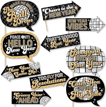 Funny Disco New Year - Groovy NYE Photo Booth Prop Kit, DIY Setup - 10pc