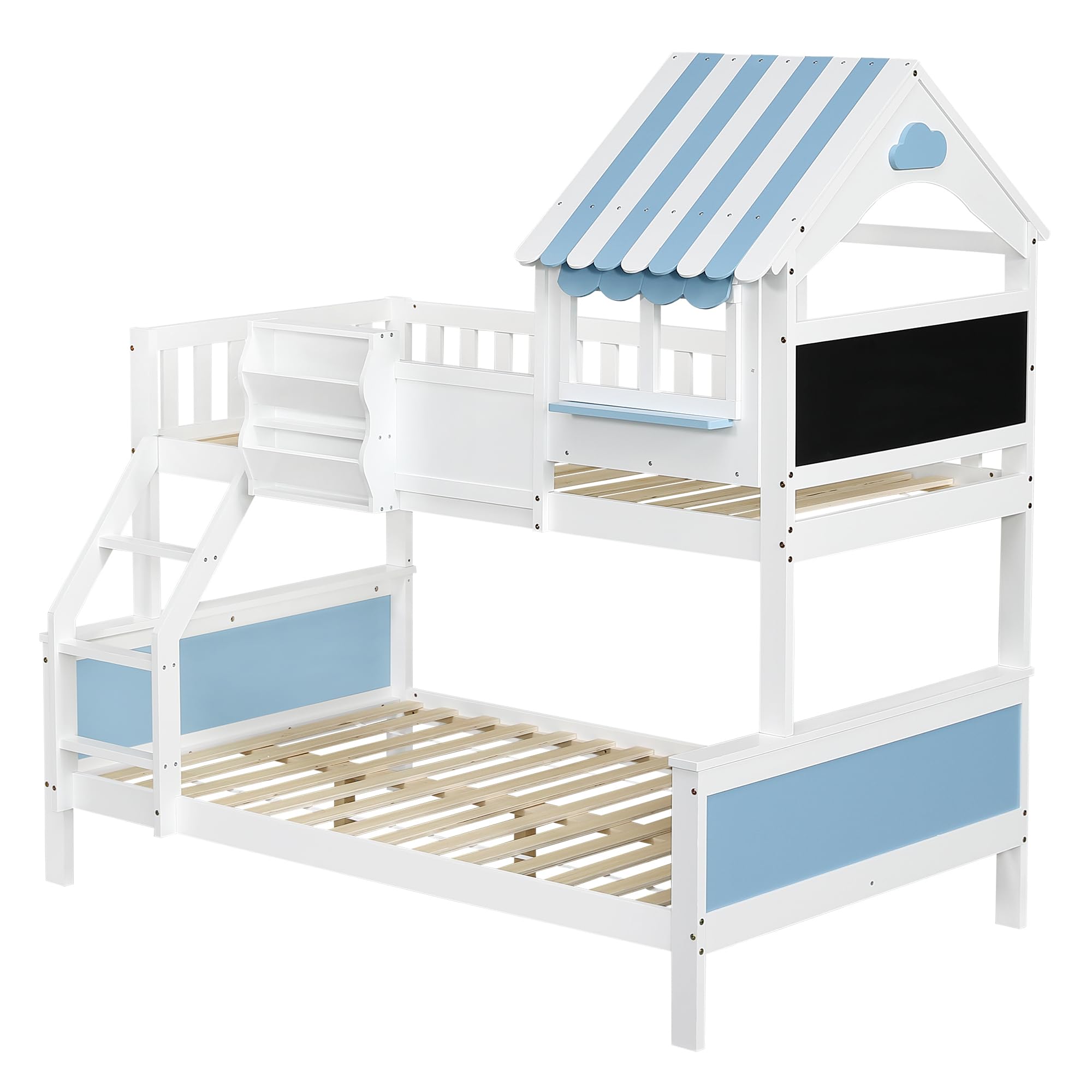 Litera Infantil con Cajón de Almacenamiento | Escalera Inclinada 3 Peldaños + Diseño Ventana Única | Tablero Grafiti Lateral | Estructura Pino+MDF | Blanco/Azul | 90x200cm y 120x200cm