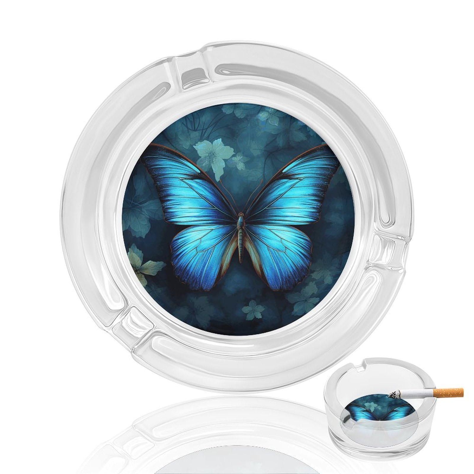 Cendrier sans fumée en verre motif papillon bleu décoration maison