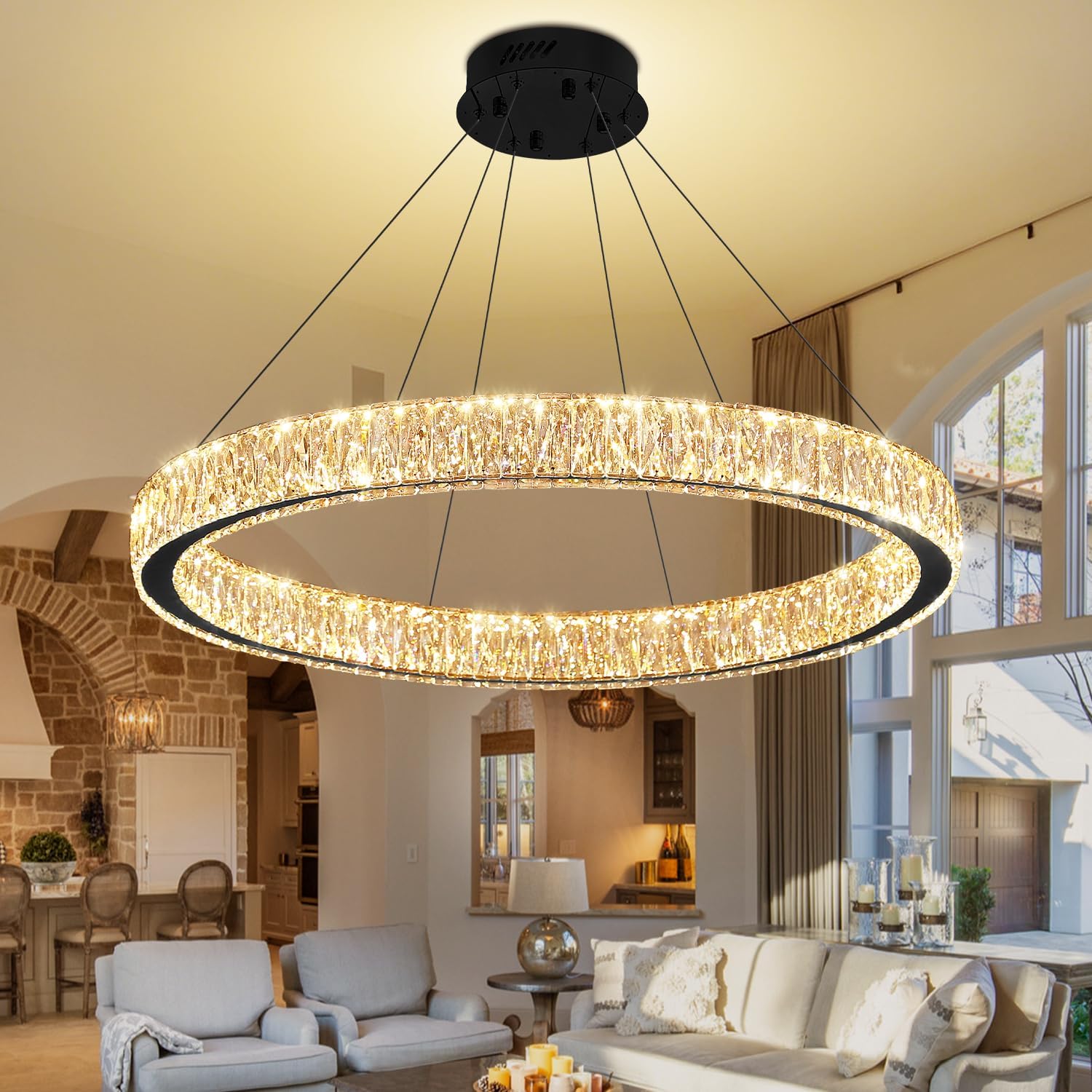 39.4in Large Ring Chandelier for Living Room Modern LED Black Crystal Chandelier for Dining Room Dimmable 2700K-6000K