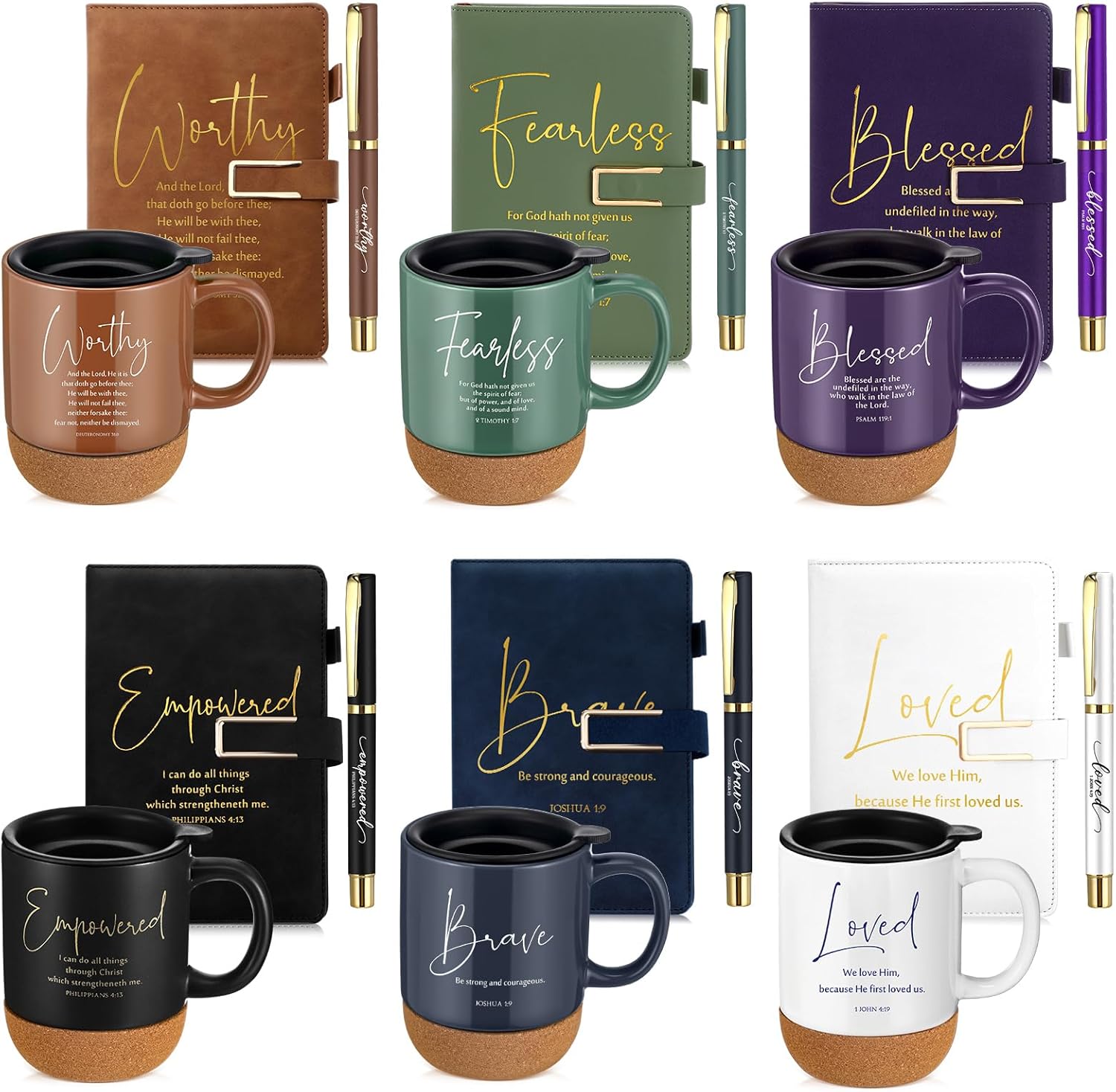 FillTouch Motivational Christian Easter Gifts for Women Men 15 oz Bible Verse Ceramic Coffee Mug A5 Journal Pen Religious Gift Set for Church Teacher Mom Dad Father Day(6 Set,Dark Color,Classic)