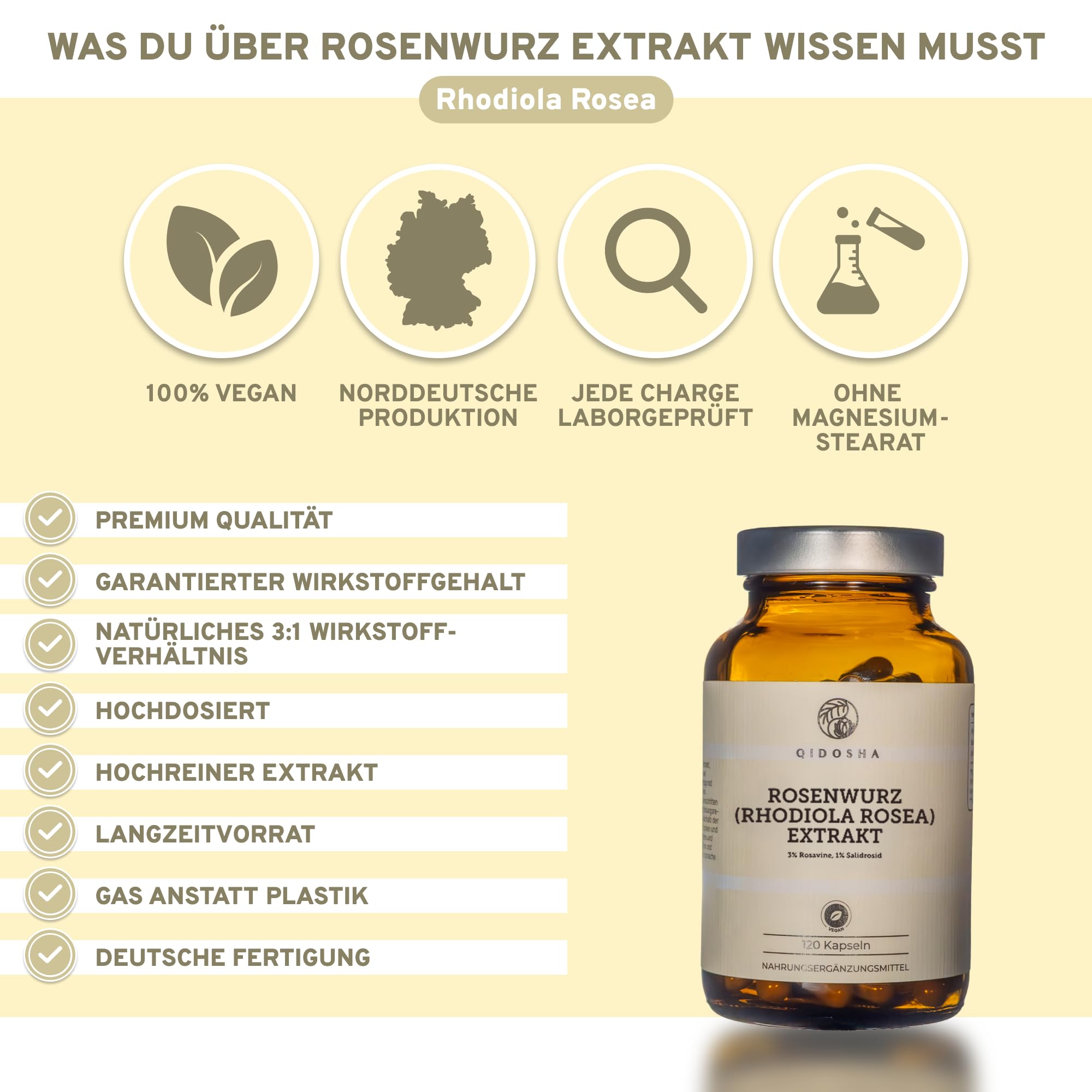 QIDOSHA® Rosenwurz (Rhodiola Rosea) Extrakt, testierter Wirkstoffgehalt, 120 Kapseln im Apothekerglas, jede Charge laborgeprüft, deutsche Fertigung