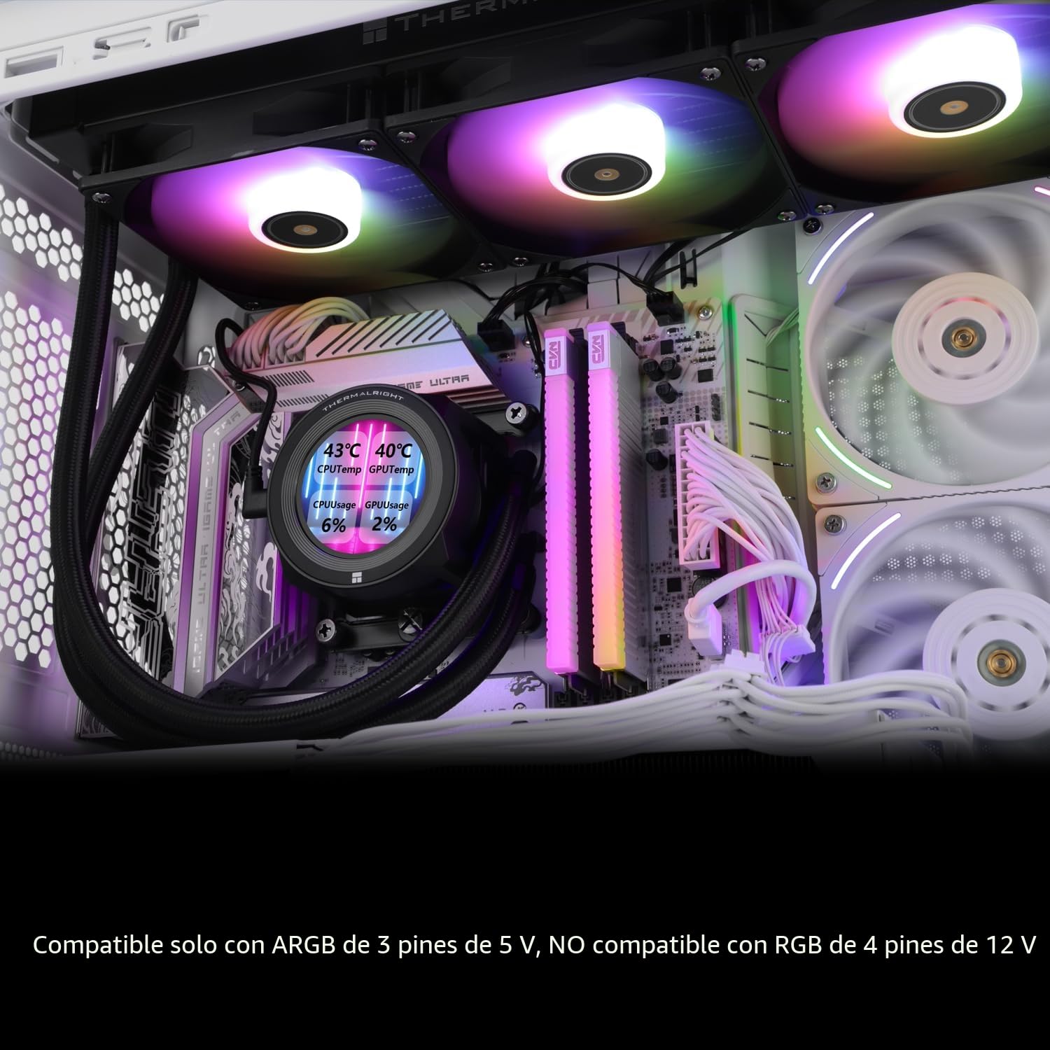 TR CORE VISION 360 Black ARGB CPU AIO Cooler, pantalla LCD IPS con resolución de 480 x 480, para AM5&Intel 1700/1851, refrigerado por agua, elemento de alto rendimiento 360 Specs con pantalla