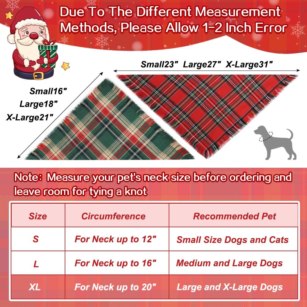 Vivifying Dog Christmas Bandanas, 2Pcs Adjustable Triangle Christmas Dog Bandana with Fringed Chequered Print,Dog Christmas Costume for Small Medium Dogs (X-Large,Green&Red) - Image 3