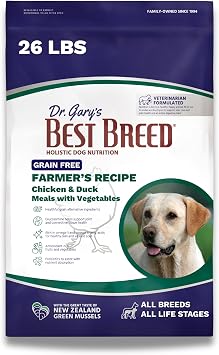 Dr. Garys Best Breed Grain-Free Dry Dog Food, Chicken & Duck for Sensitive Stomach & Skin, All Life Stages, Farmers Recipe, 26 lb Bag