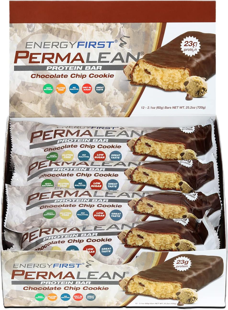 EnergyFirst Permalean 100% Natural Protein Bars Chocolate Chip Cookie, 12 Count, 23g of protein, 4g of Sugar, Gluten Free, Keto, Paleo, No Maltitol, Meal Replacement Bars, Low Carb Breakfast Bars