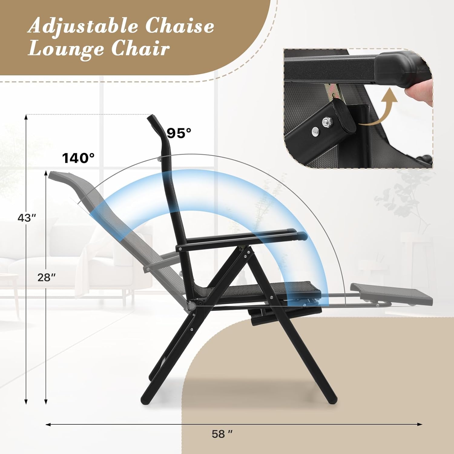 Athena Collection Zero Gravity Outdoor Lounge Chair Recliner Set of 2, 29" Width Reclining Pool Lounge Lawn Chairs with Headrest, Outdoor Chaise for Beach Patio Backyard Outside, Black