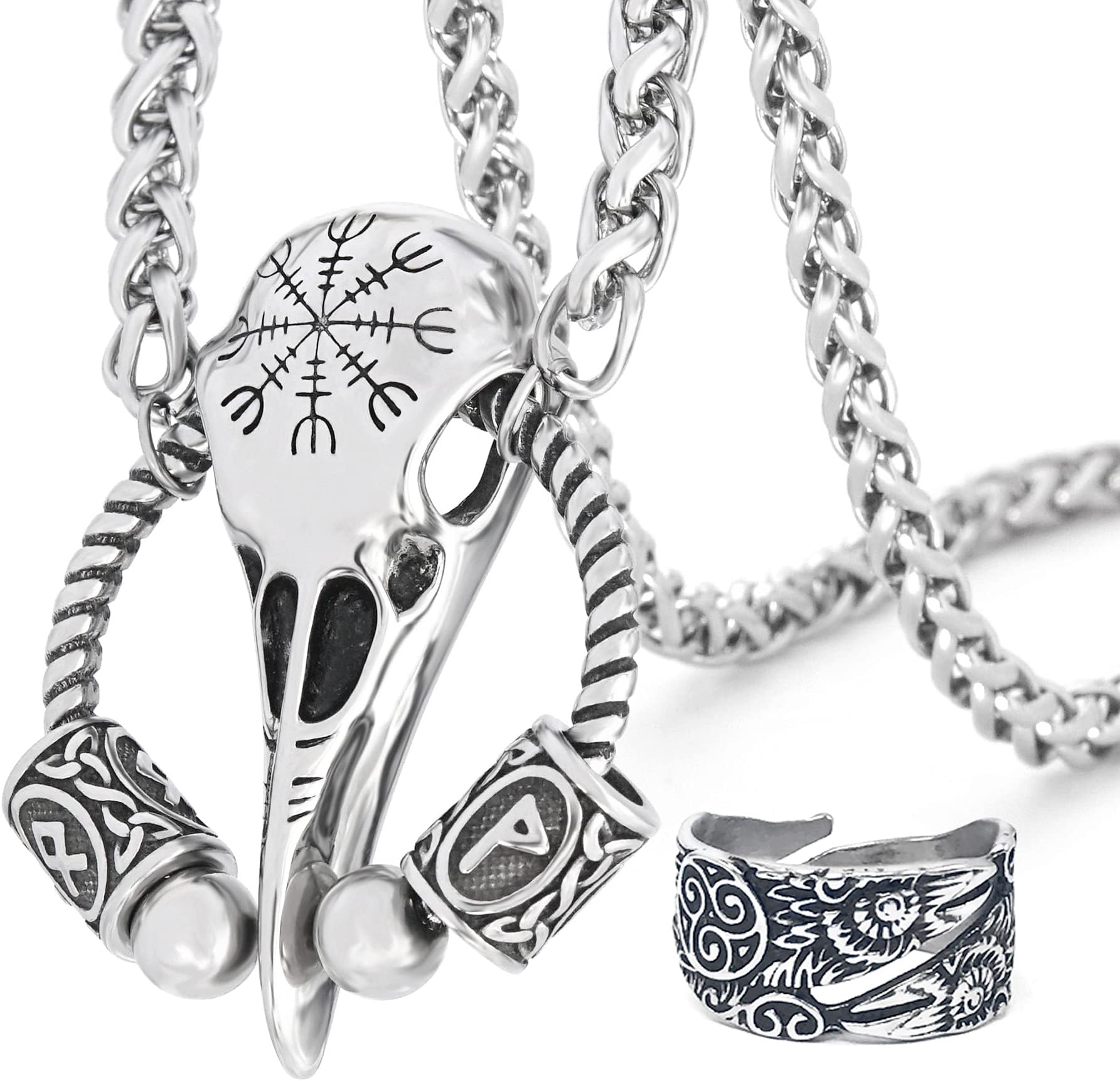 Runic Huginn Raven Skull Pendant Necklace with Aegishjalmur Helm of Awe Symbol Stainless Steel Norse Scandinavian Necklace Authentic Viking Jewelry