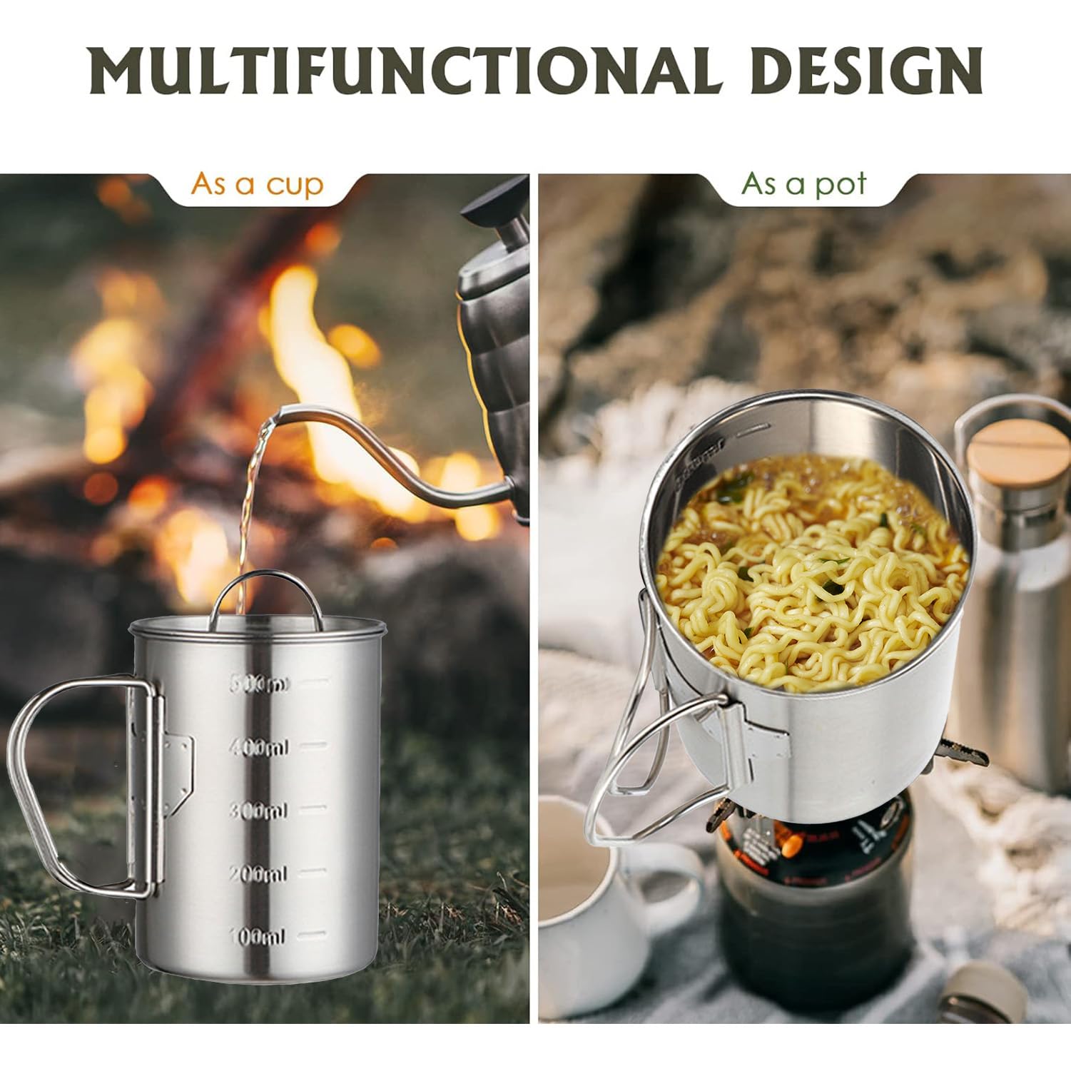 Glamora Tazza da campeggio in acciaio inossidabile,con Maniglia Pieghevole Ultra Leggero Portatile 500ml Acqua Tazza,Per Picnic Escursionismo Campeggio Escursionismo