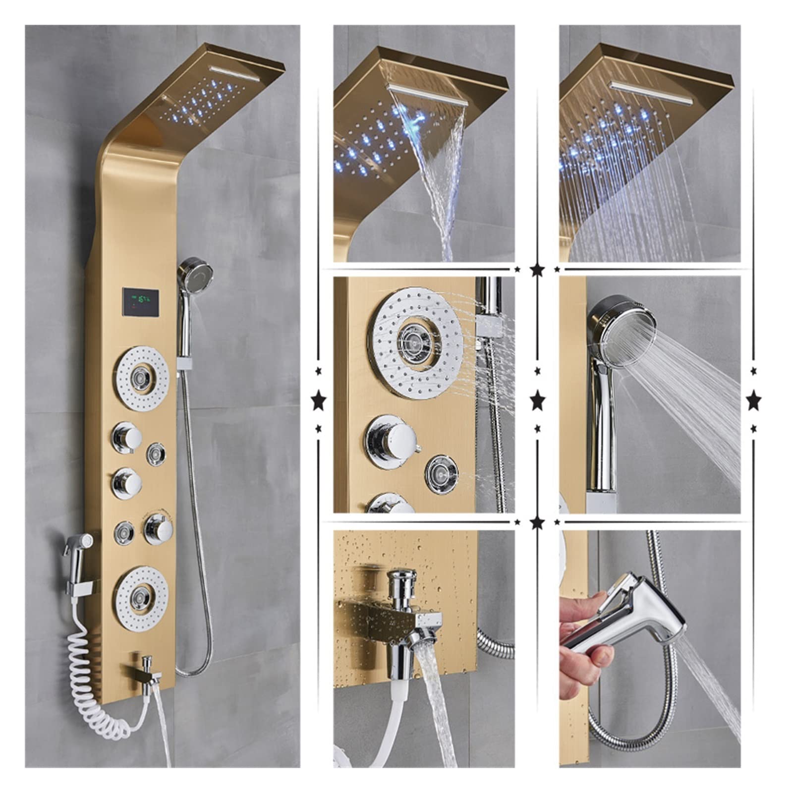 CVFRDD Luxury Black/Brushed Bathroom Shower Faucet LED Rainfall Shower Panel System Bathtub Mixer Tap Massage Spa Temperature Screen(Gold B)