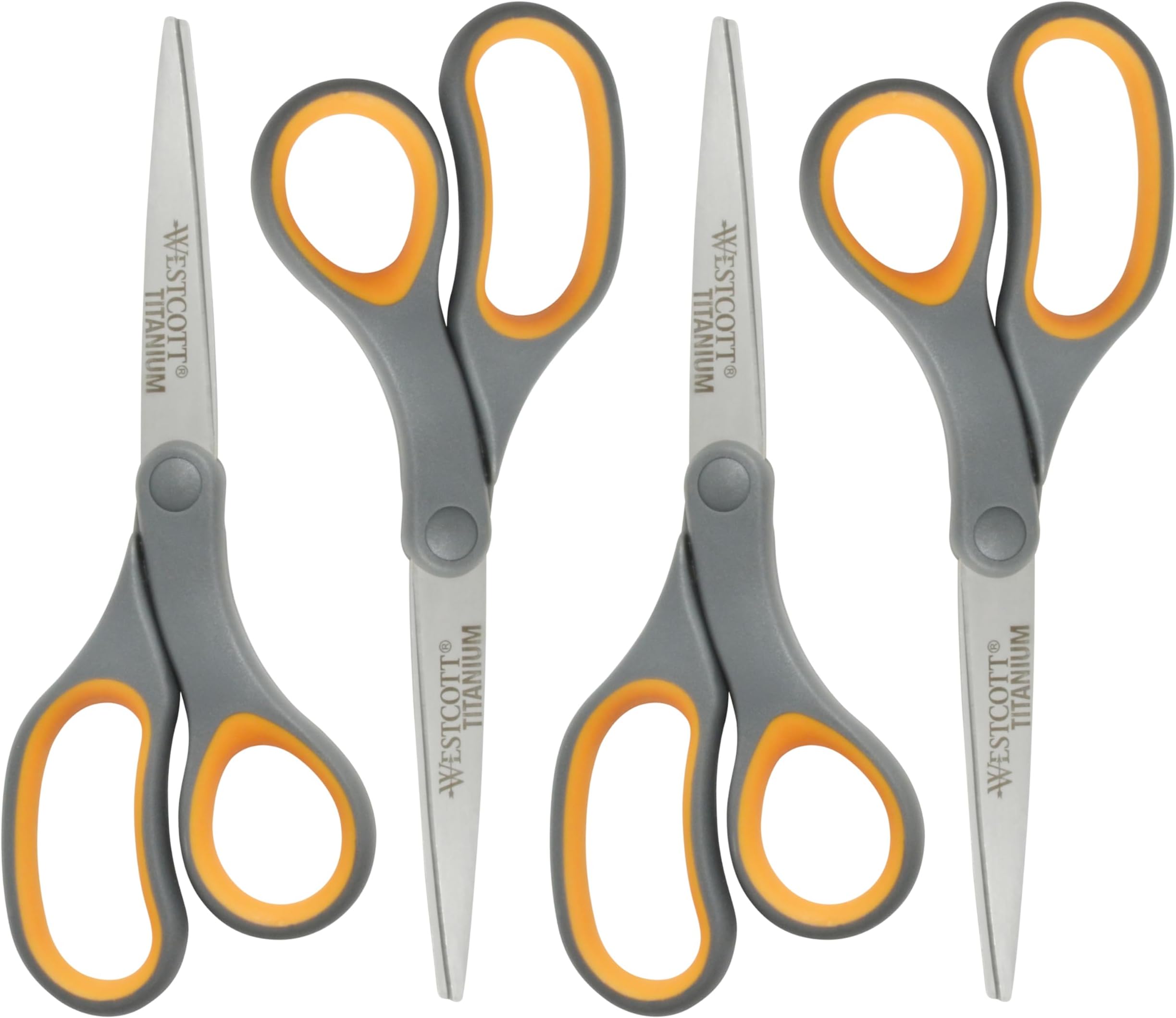- Westcott 8-Inch Titanium Bonded Straight Scissors, Soft Handle, Gray/Yellow, 4-Pack