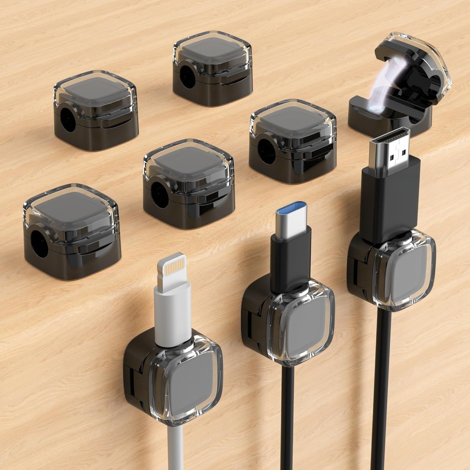 Lanqeaor Black 8Pcs Magnetic Cable Clips, Adhesive Cord Holders For Desk Cable Management, Charger Wire Organisers For Home, Office, Wall And Nightstand