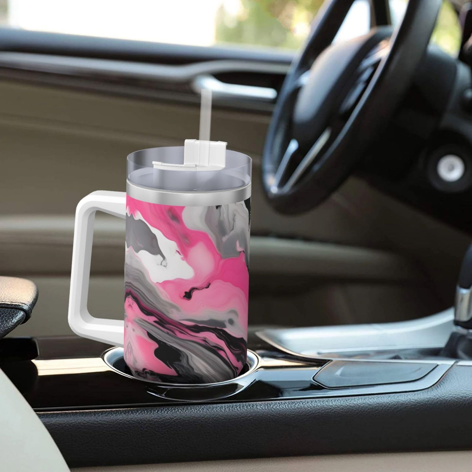 Wasserflasche aus Edelstahl, doppelwandig, isoliert, mit Griff und Strohhalm-Deckel, 1,2 l, Rosa mit abstraktem Marmor-Grau