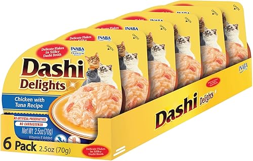Miniatura 1 de INABA Dashi Delights para gatos, pollo rallado con caldo de hojuelas Bonito, taza de 2.5 onzas, 6 tazas en total, receta de pollo con atún