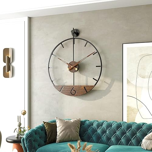 Reloj de pared moderno con esfera de nogal de madera, gran decoración de pared simple, marco de metal, reloj silencioso sin tictac para sala de
