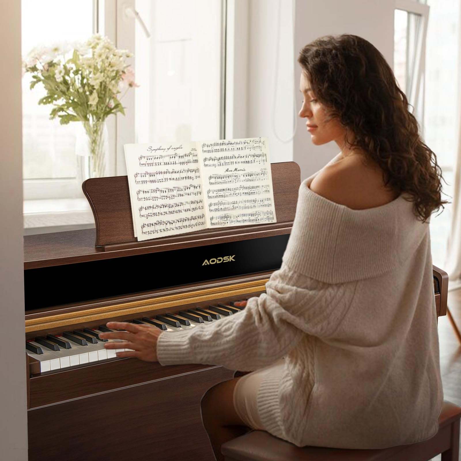 AODSK 88 Key Digital Piano Set With Wooden Stand & Bench - Portable Keyboard With Semi-Weighted Keys