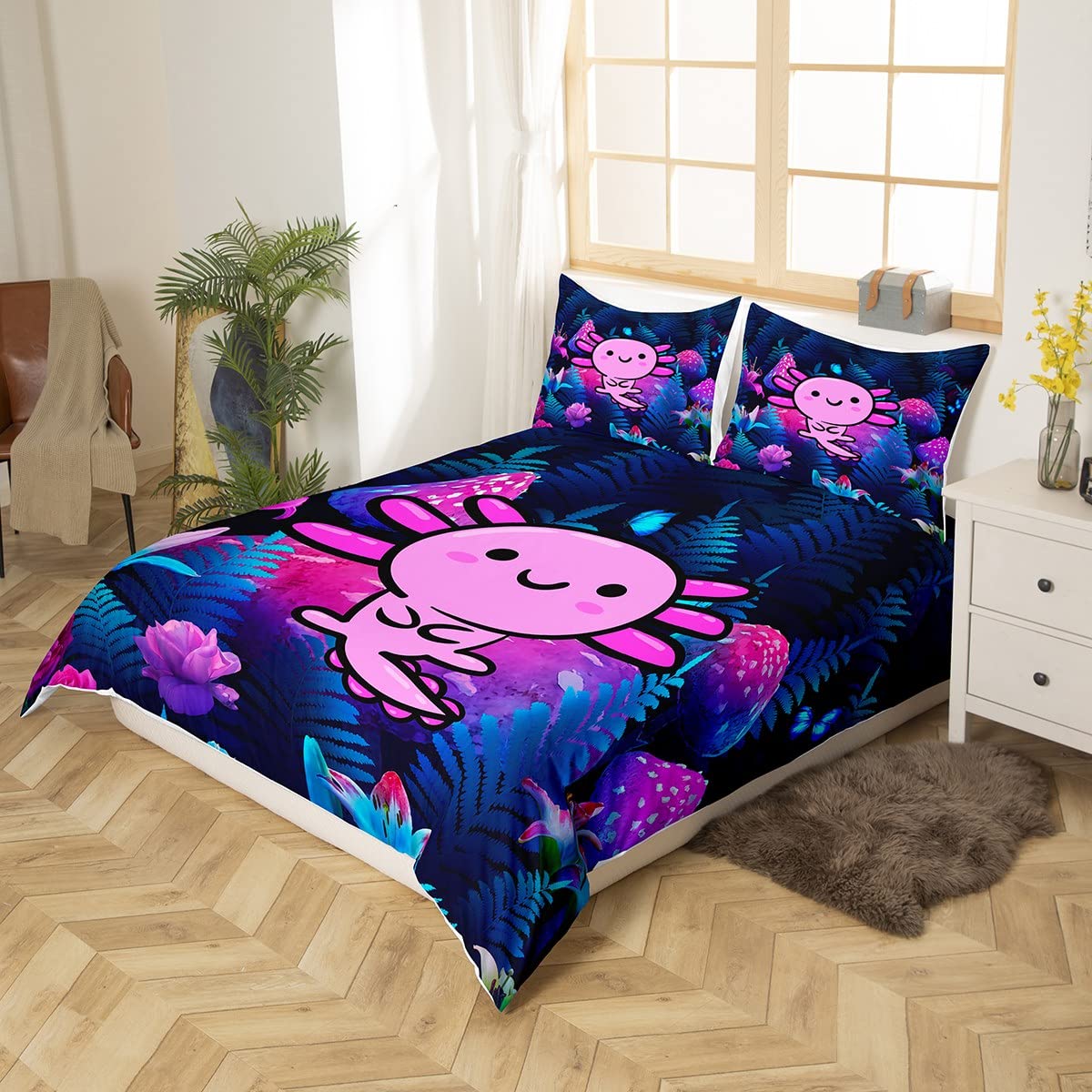 Loussiesd Cute Axolotl Bedding Set for Kids Boys Super King Bedroom Cartoon Salamander Bed Duvet Cover Set,Mushroom Leaves Comforter Cover Purple Pink Blue Decor 3 Pieces 1 Duvet Cover - Image 3