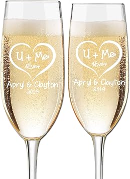 Engraved Champagne Flutes - Set of 2 - Couples Name and Date - Custom Engraved