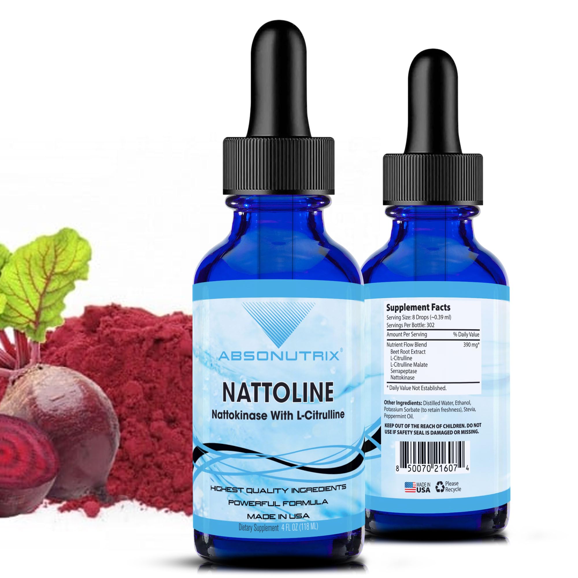 Absonutrix Nattoline, 390 mg, 4 FL OZ Liquid, 302 Servings, Made in USA, Plant-Based Ingredients, Beet Root Extract, L-Citrulline, Serrapeptase, Gluten-Free, Non-GMO, GMP Certified